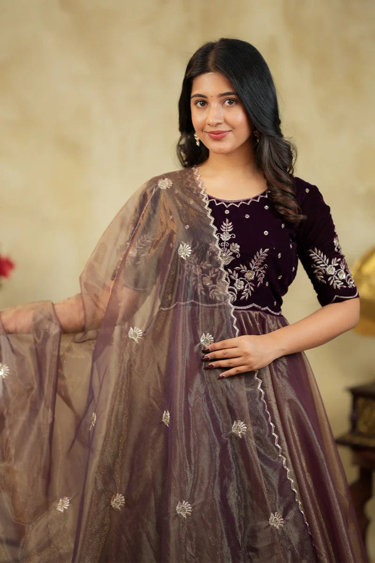 Embroidered Velvet Anarkali Gown with Dupatta