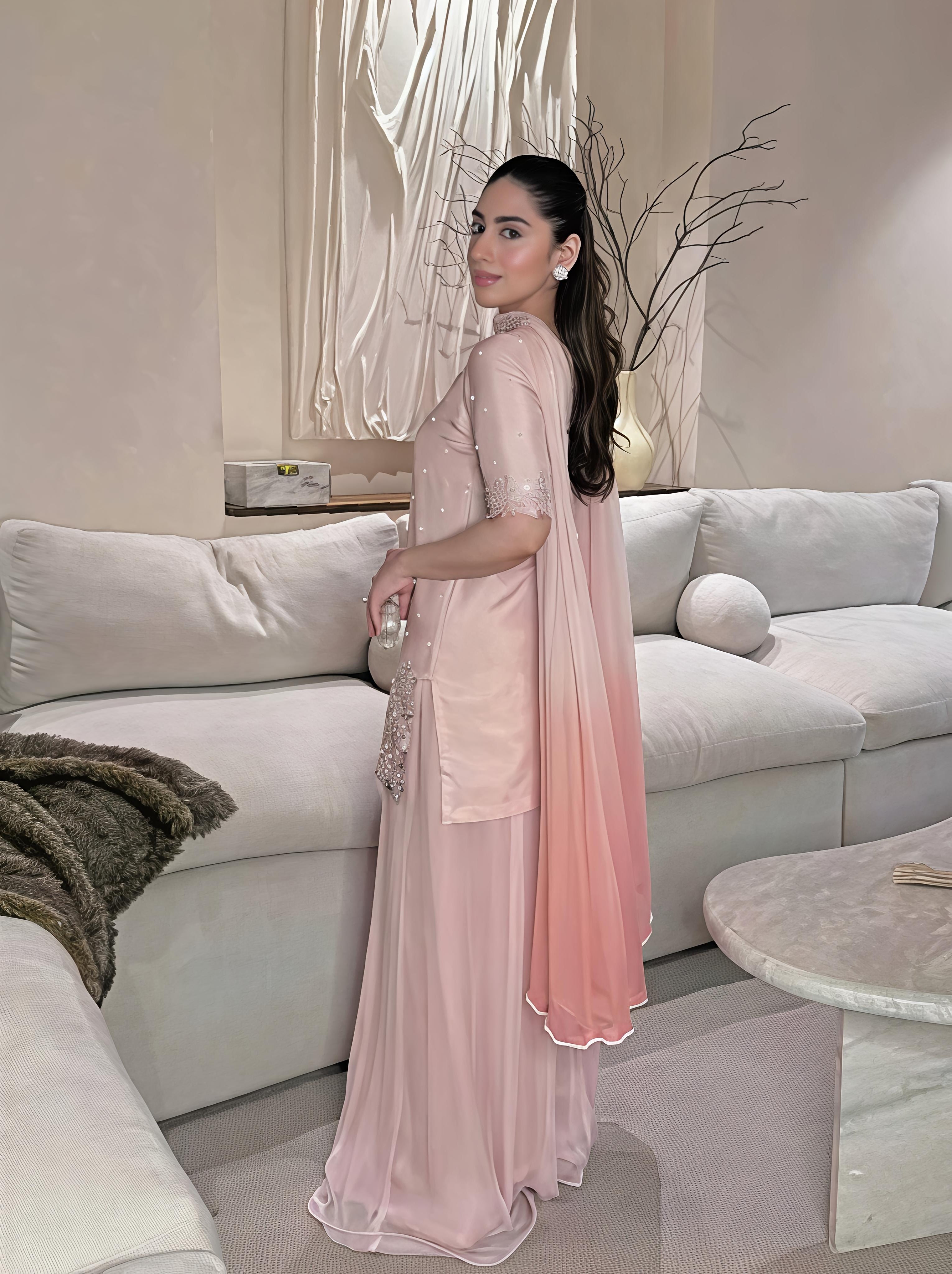 Embroidered Pink Roman Glass Silk Kurti Palazzo Set