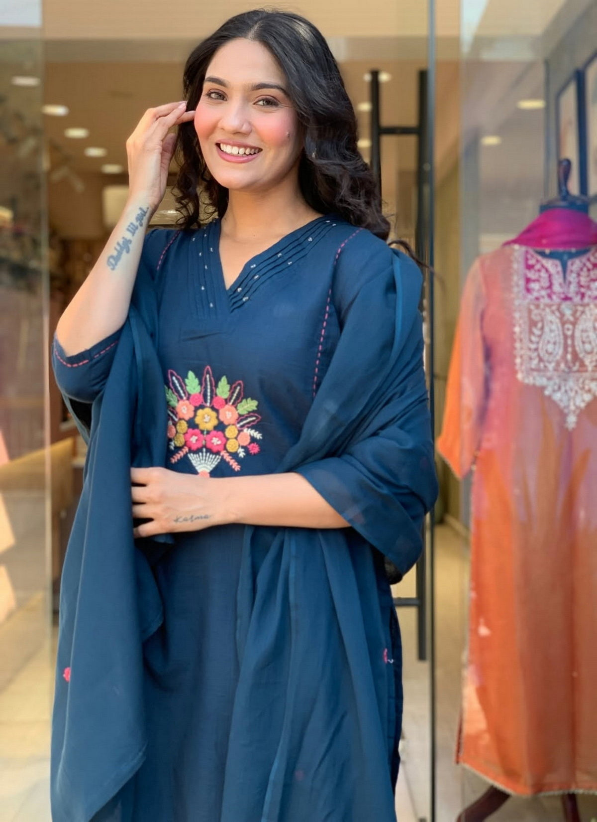 Blue Embroidered Cotton Flex Kurta and Pant Set with Dupatta