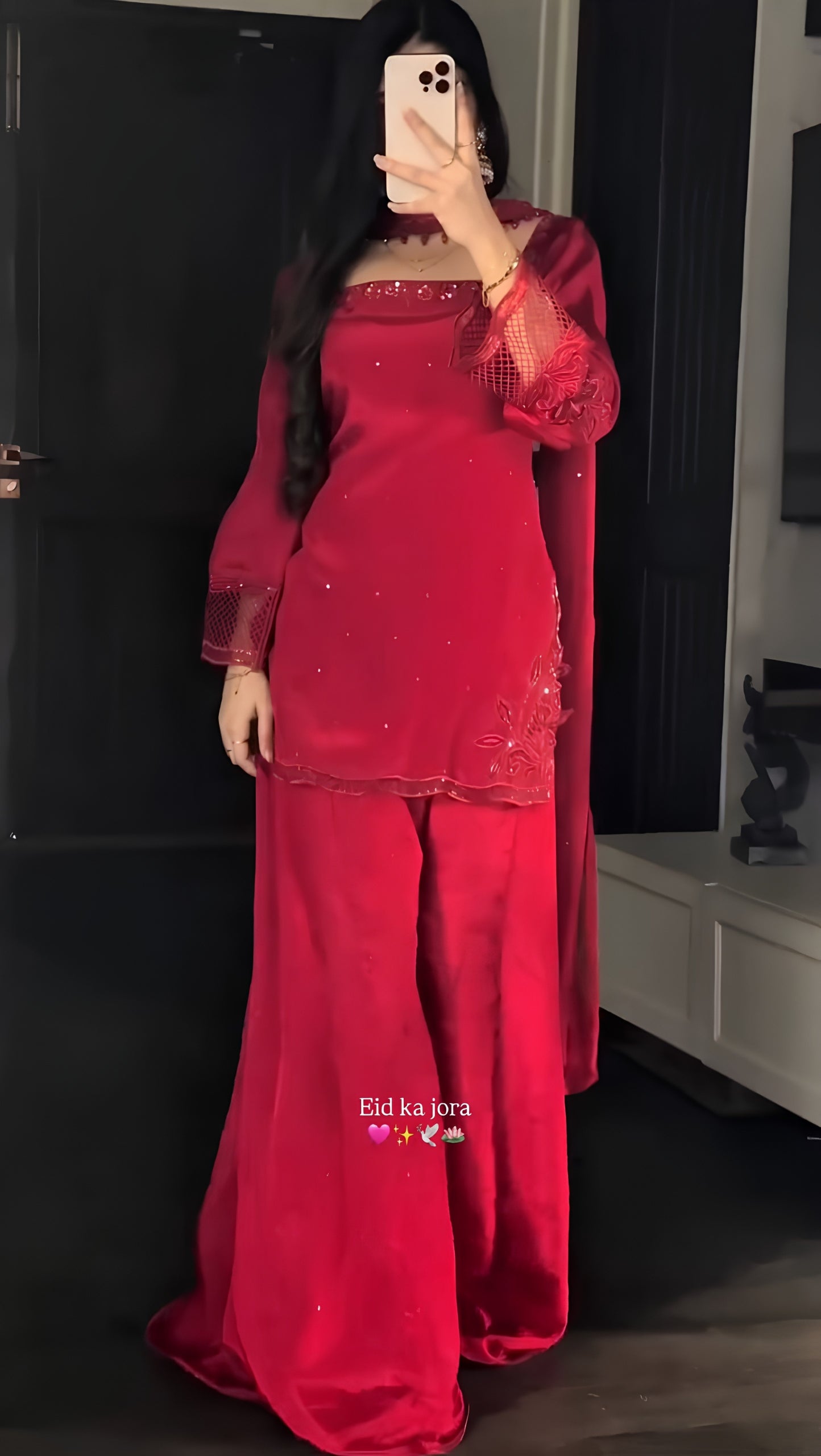 Red Embroidered Crepe Silk Farshi Suit