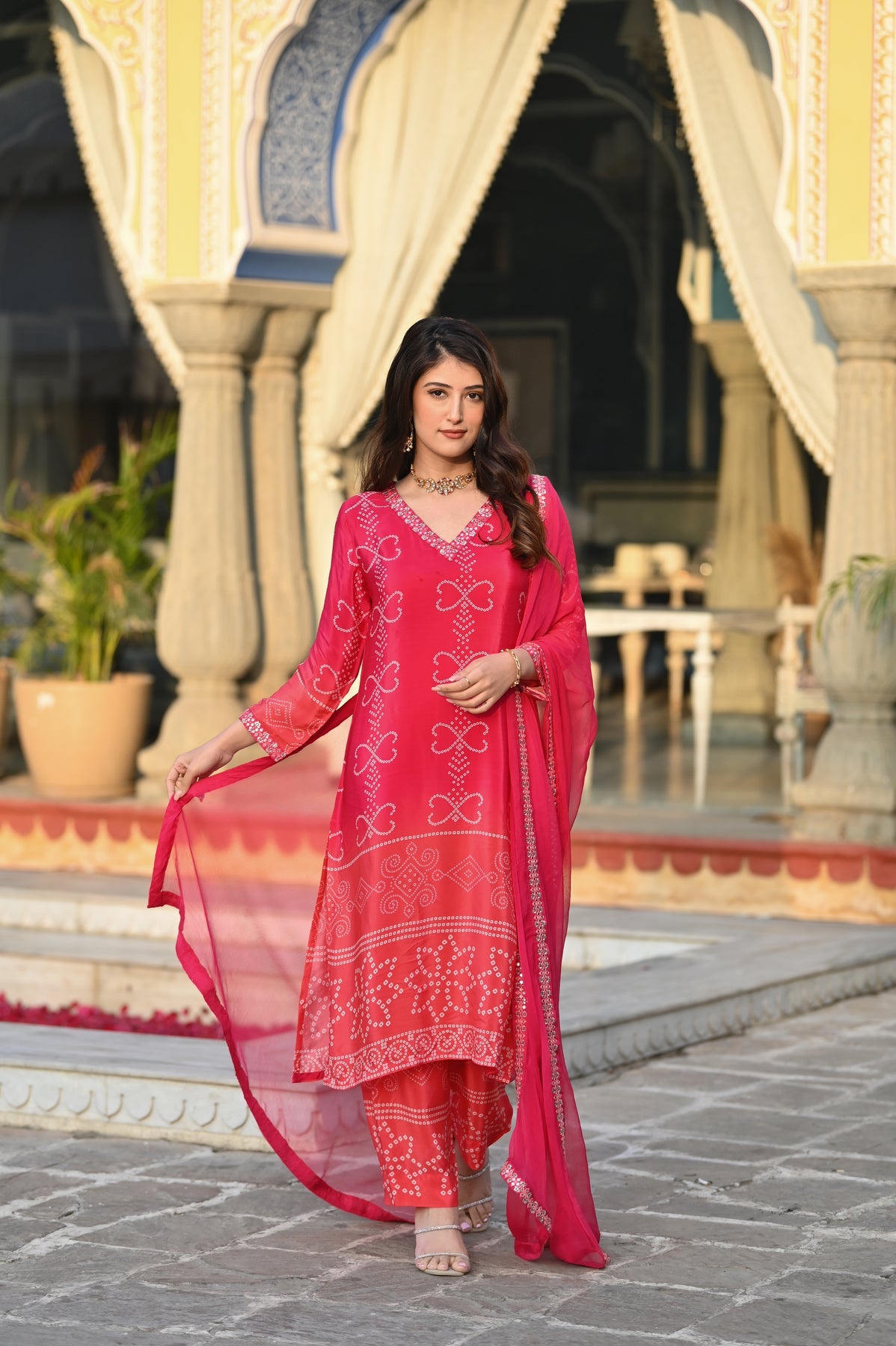 Pink Printed Chinon Bandhani Suit Set