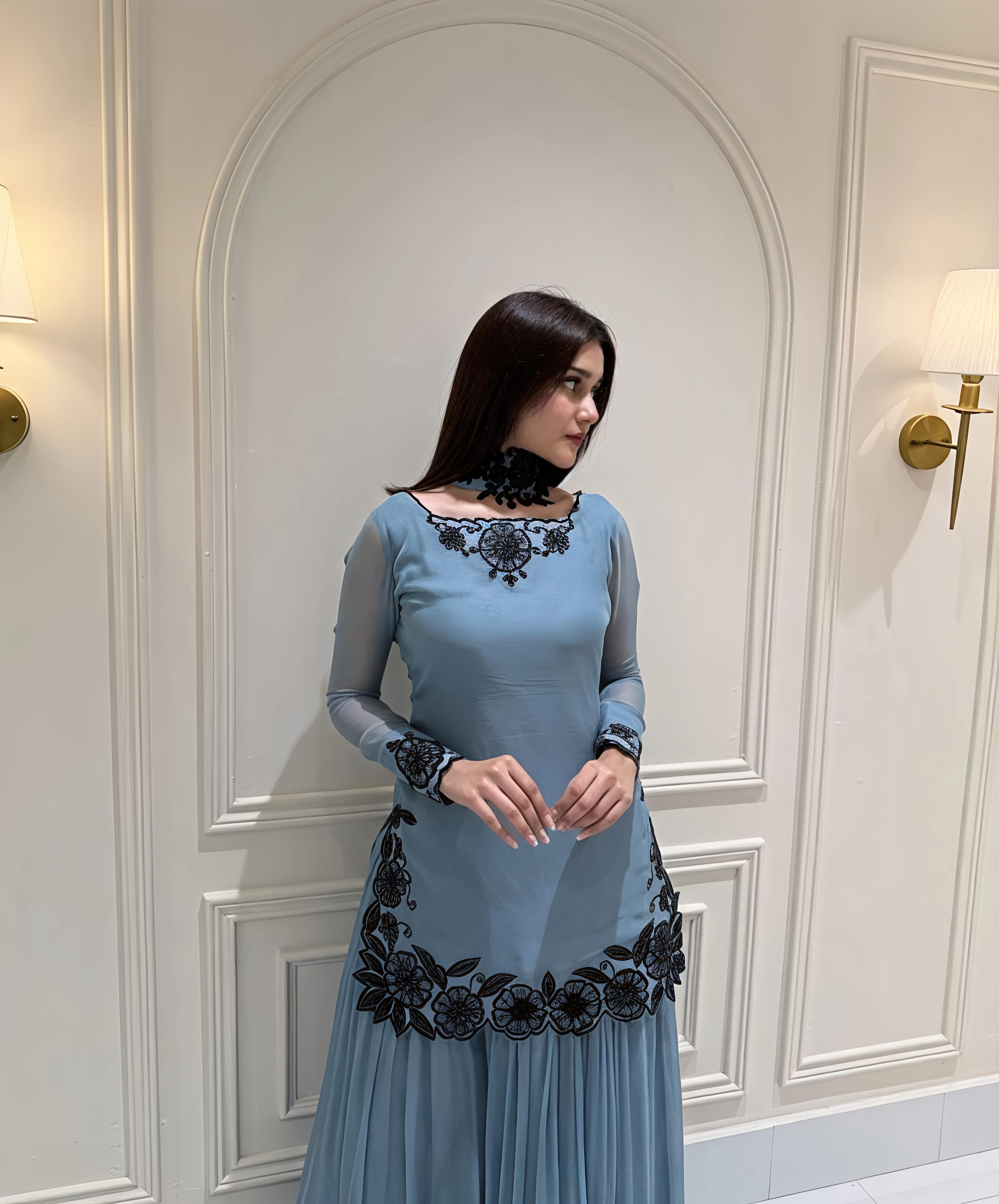SOLID BLUE KURTA SHARARA SET