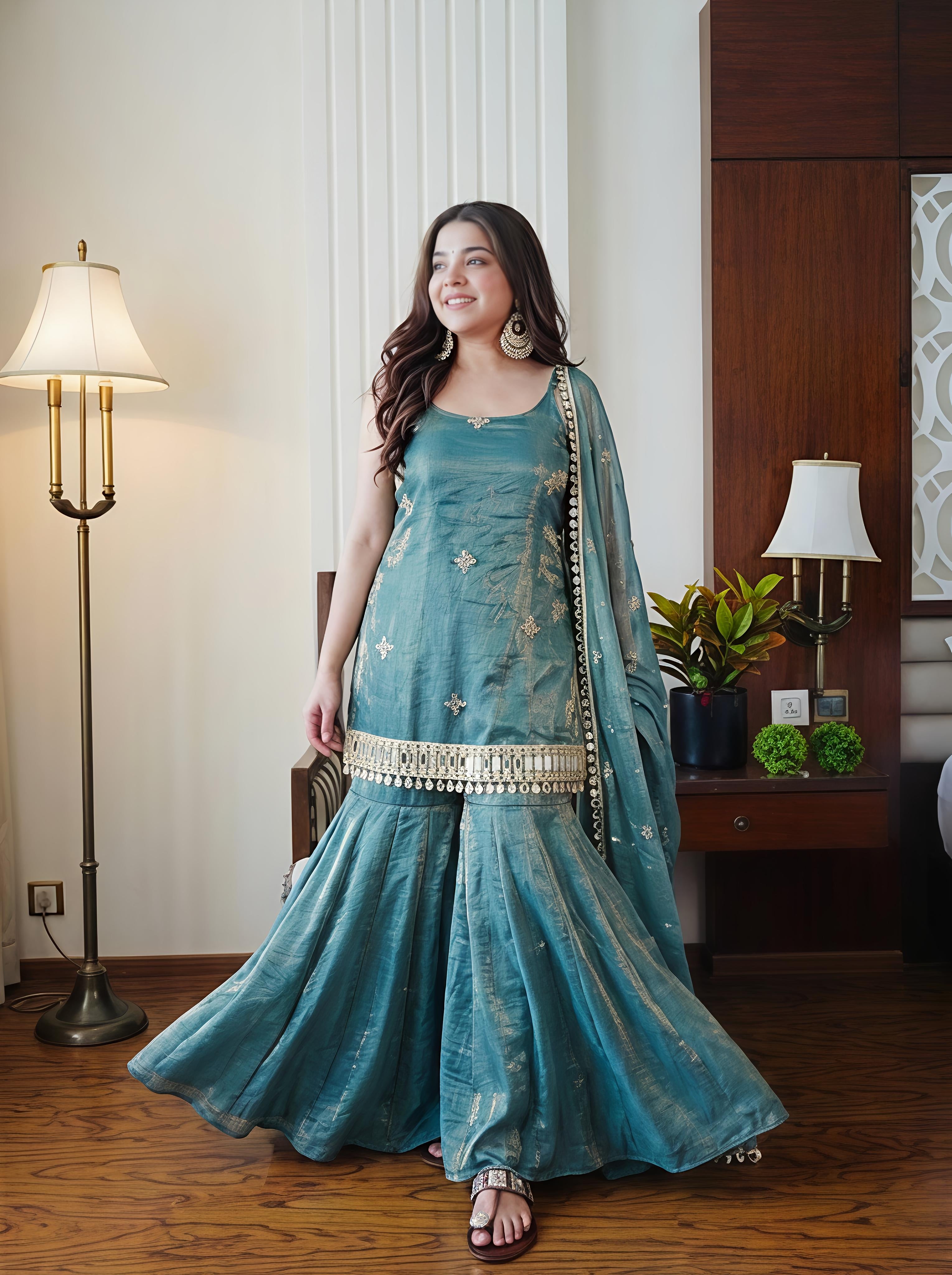 Sea Green Simmer Silk Embroidery Palazo Kurti With Dupatta