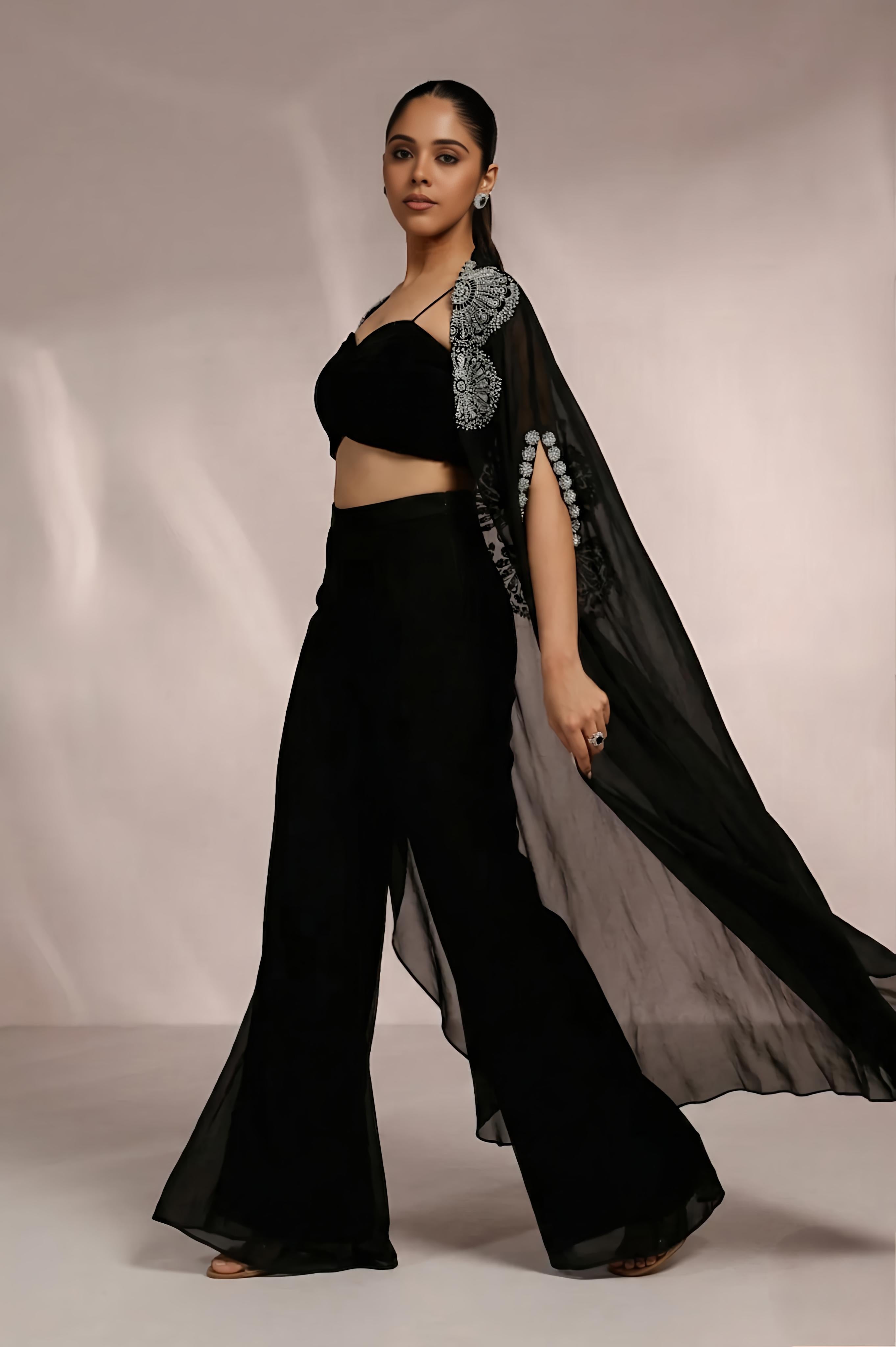 RUCHING BLOUSE WITH SIDE SLIGHT PANT AND CAPE SET