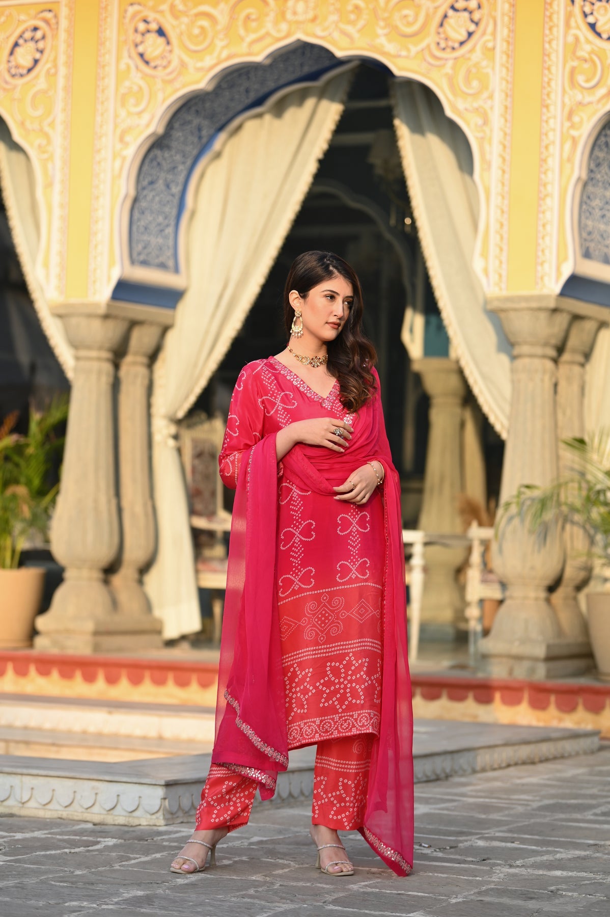 Pink Printed Chinon Bandhani Suit Set