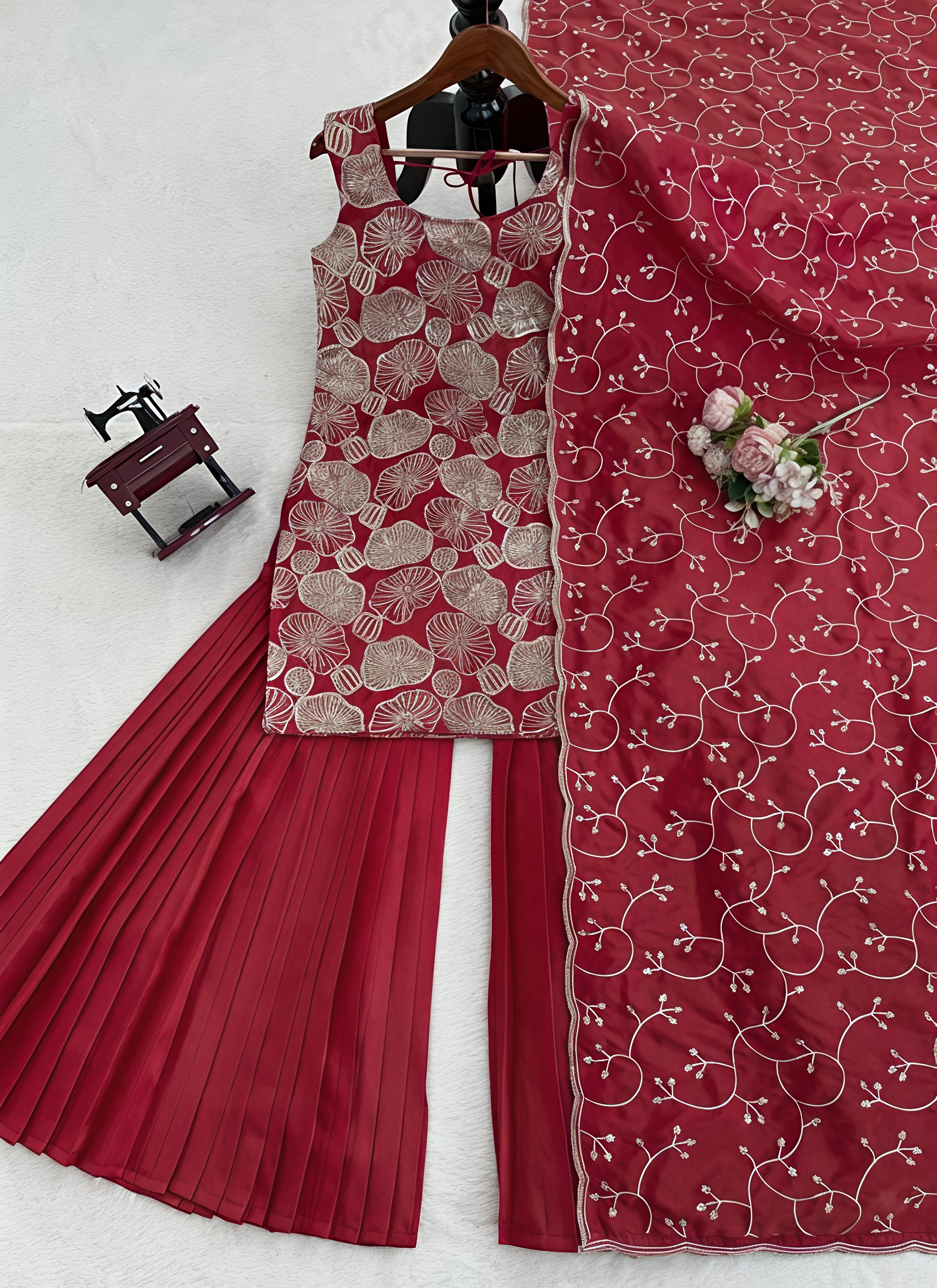 Red Shimmer Silk Sequins Thread Sharara Suit