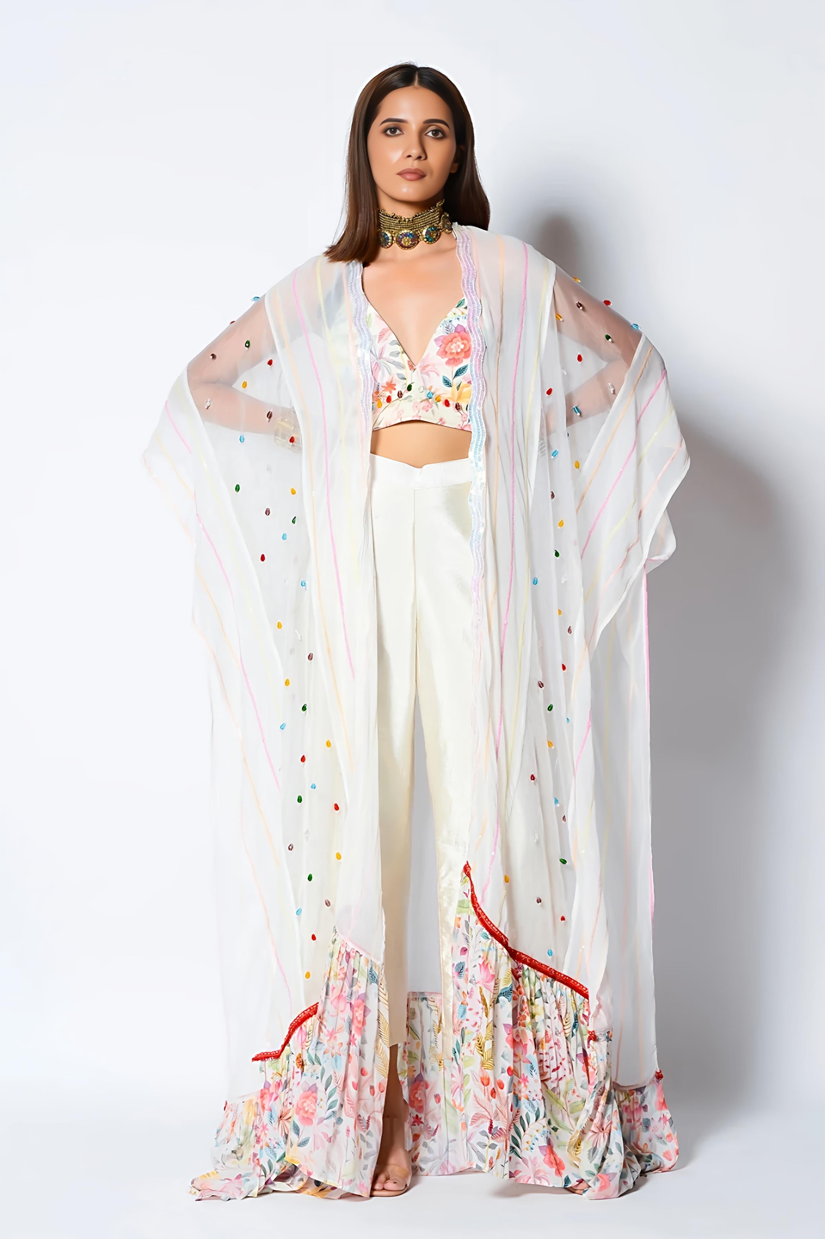 White Dupion Pant Set With Cape