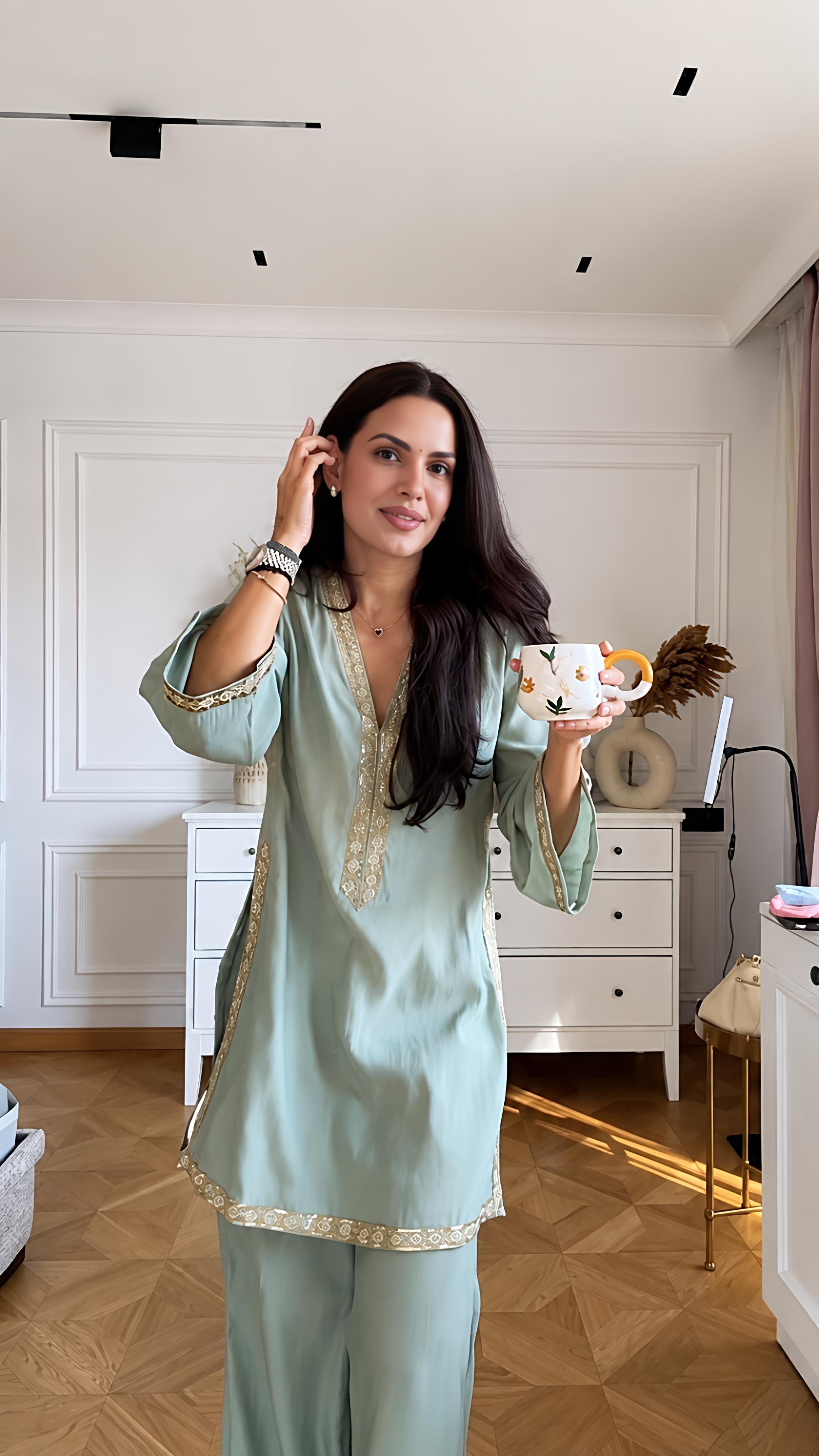 Mint Green Embroidered Kurta Palazzo Set