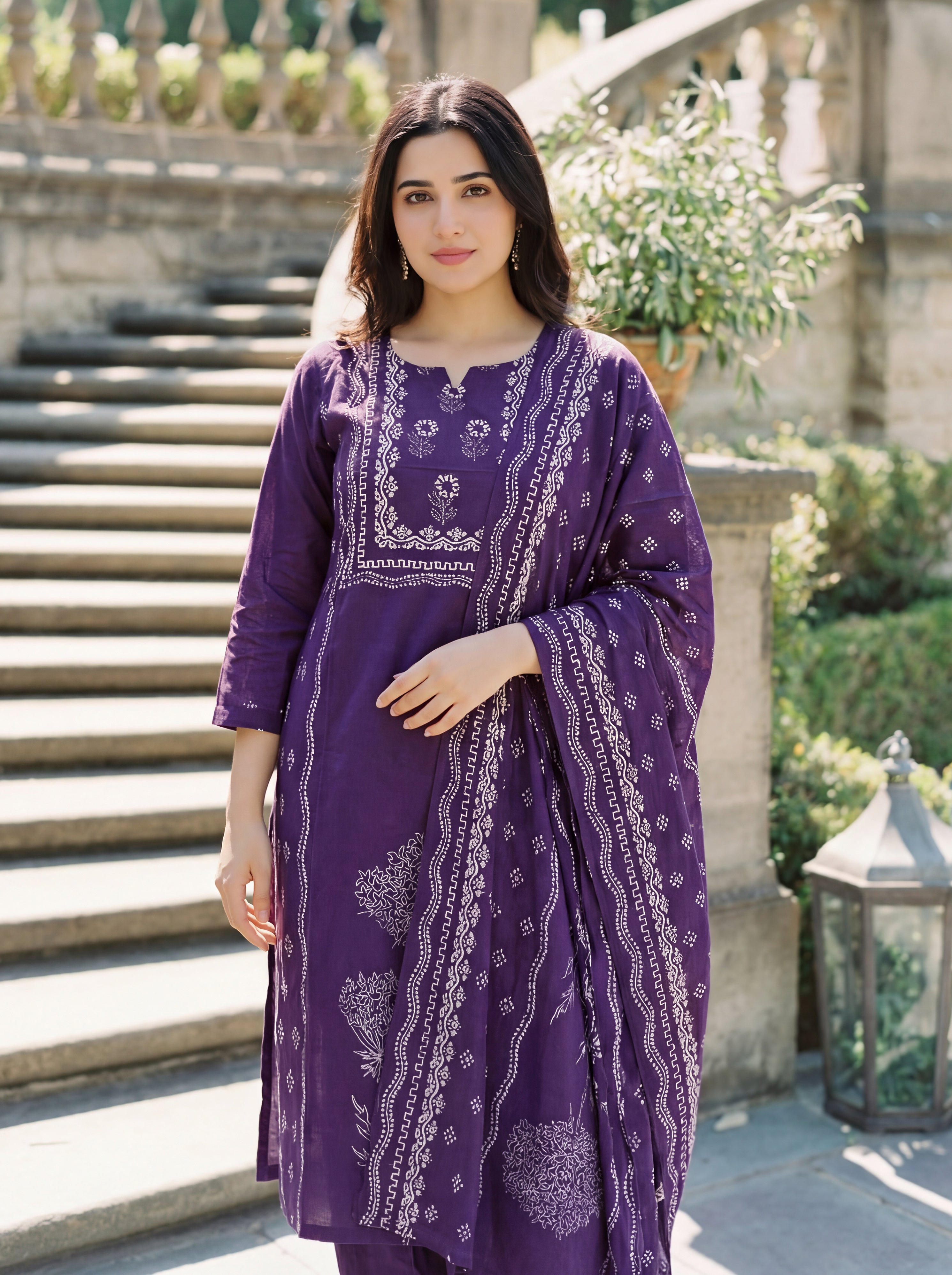 Purple Muslin Kurta Set with Traditional Print
