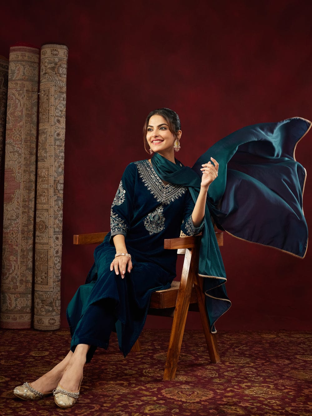 Teal Blue Velvet Zari Embroidered Straight Kurta Set