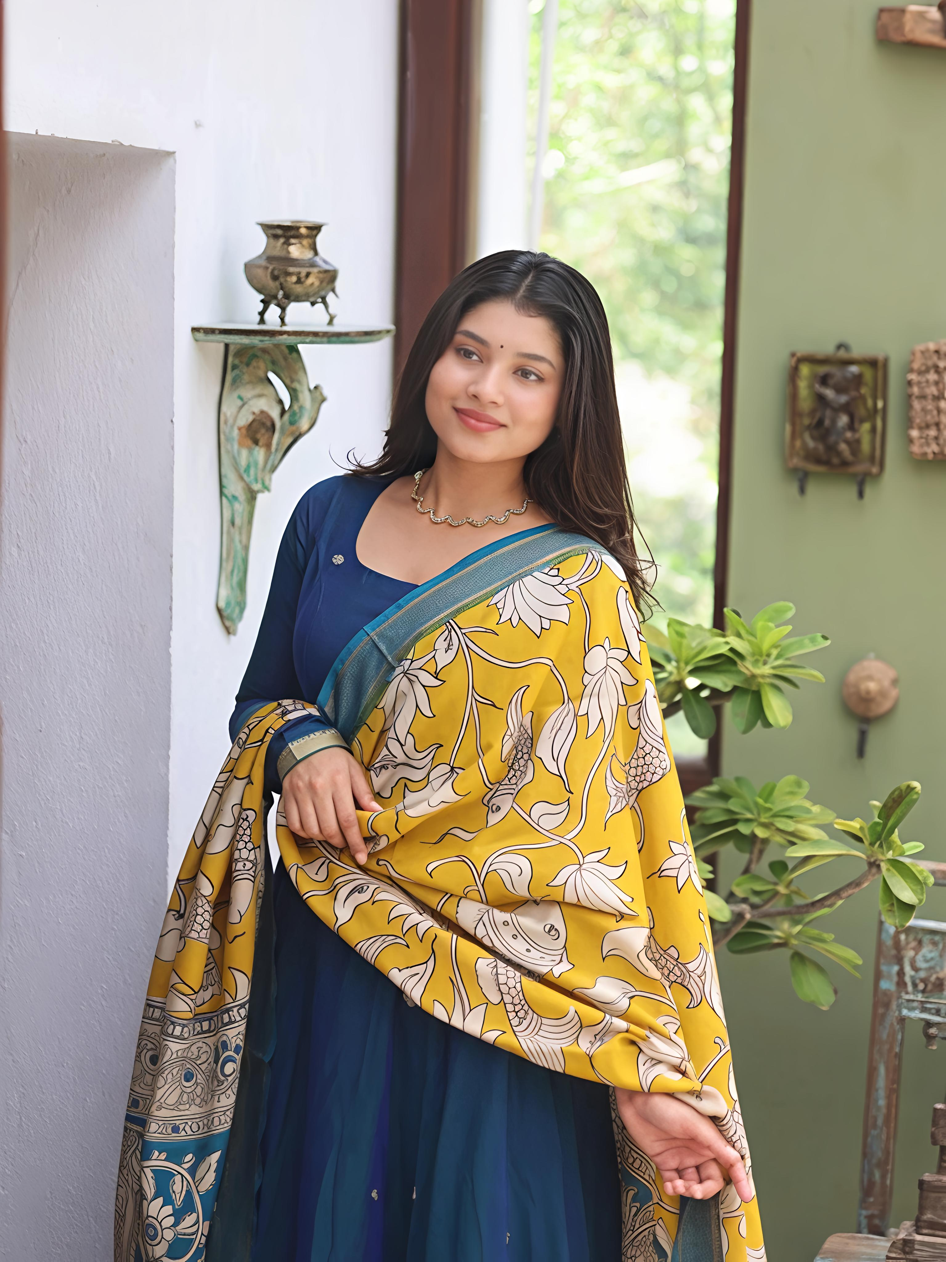 Narayanpet Anarkali Peacock Blue Kalamkari