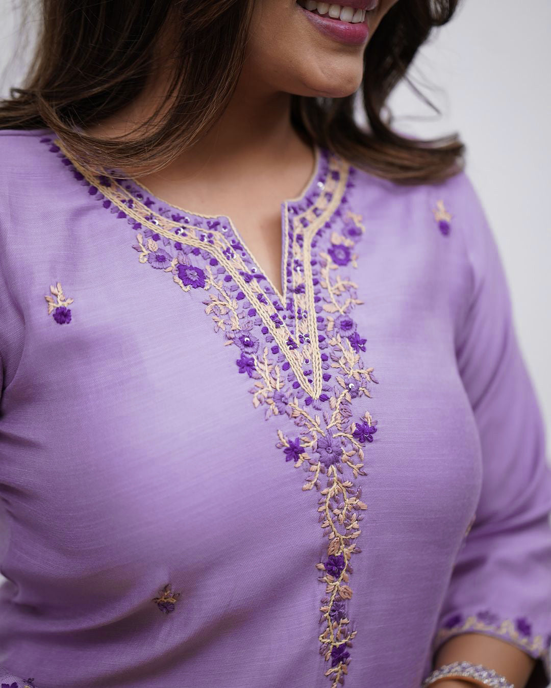 Lavender Embroidered Straight Kurta Pants Set