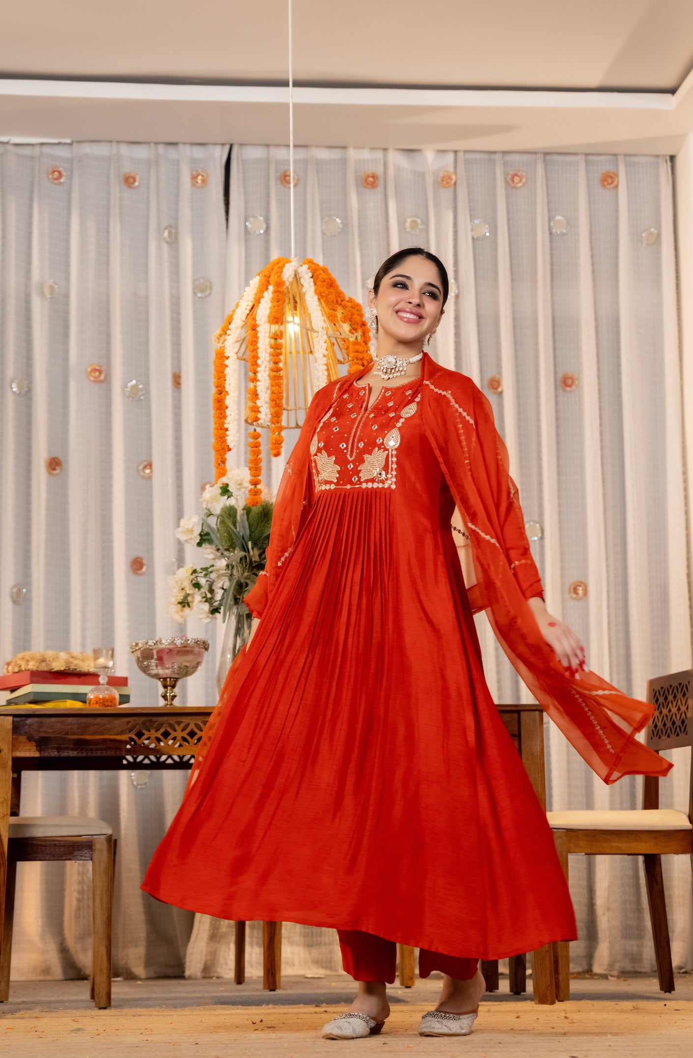 Tomato Red Gathering Anarkali Kurta Pant Suit Set with Dupatta