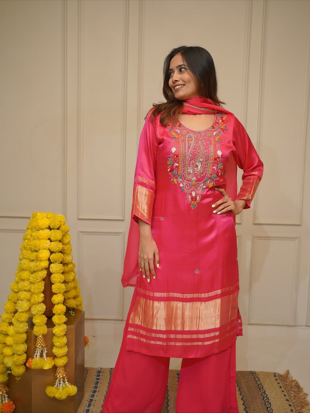 Zaierra Pink Embroidered Viscose Kurta Set with Pant and Dupatta
