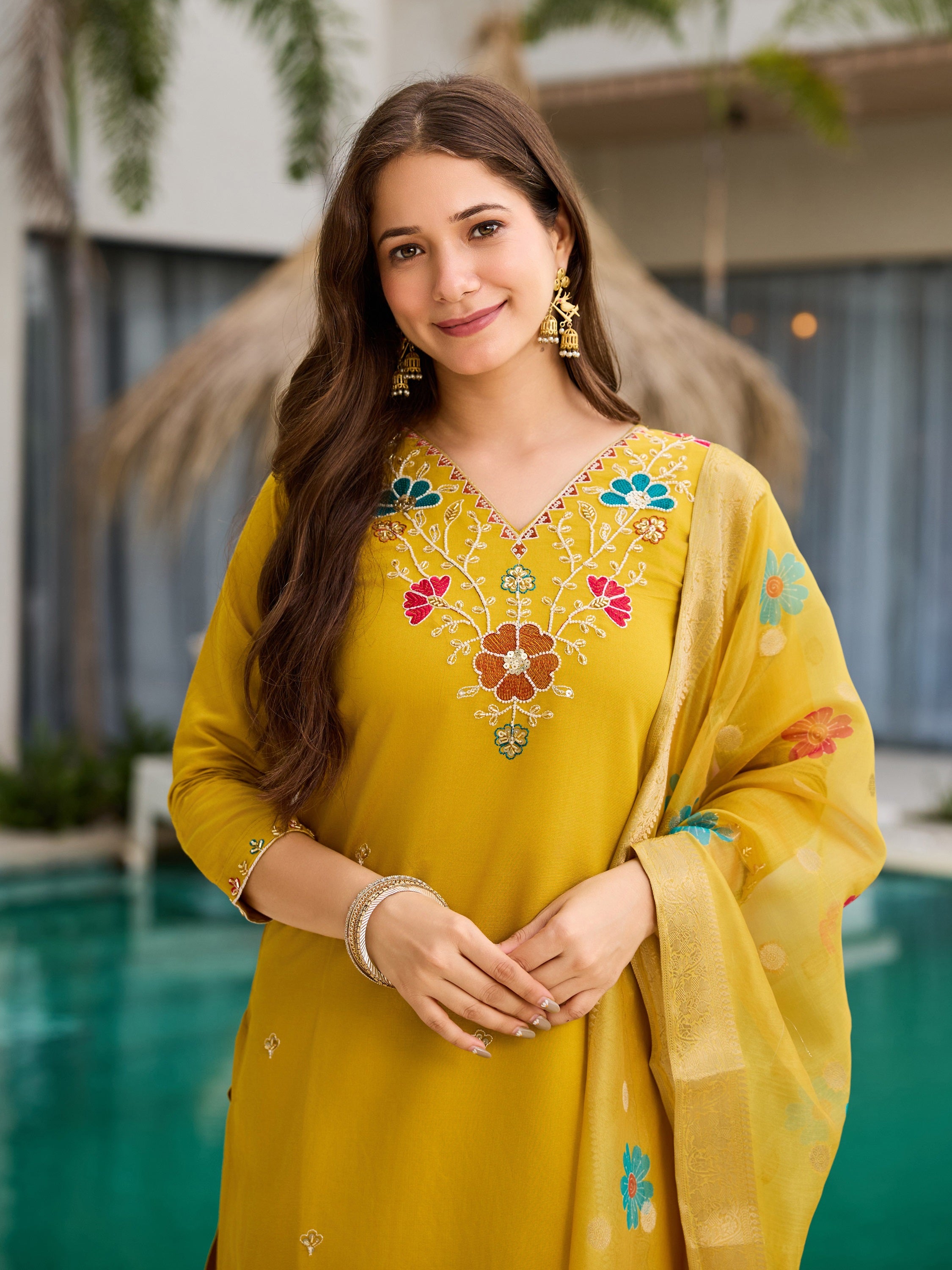 Mustard Viscose Gadhwal Kurta Set