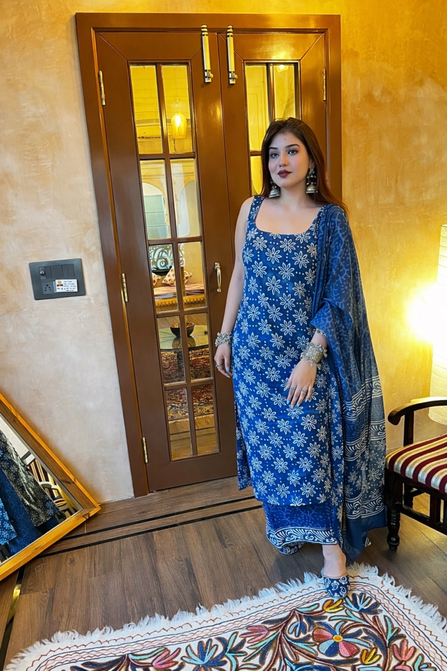 Women's Indigo Blue Floral Block-Print Sleeveless Kurta Palazzo Set with Dupatta