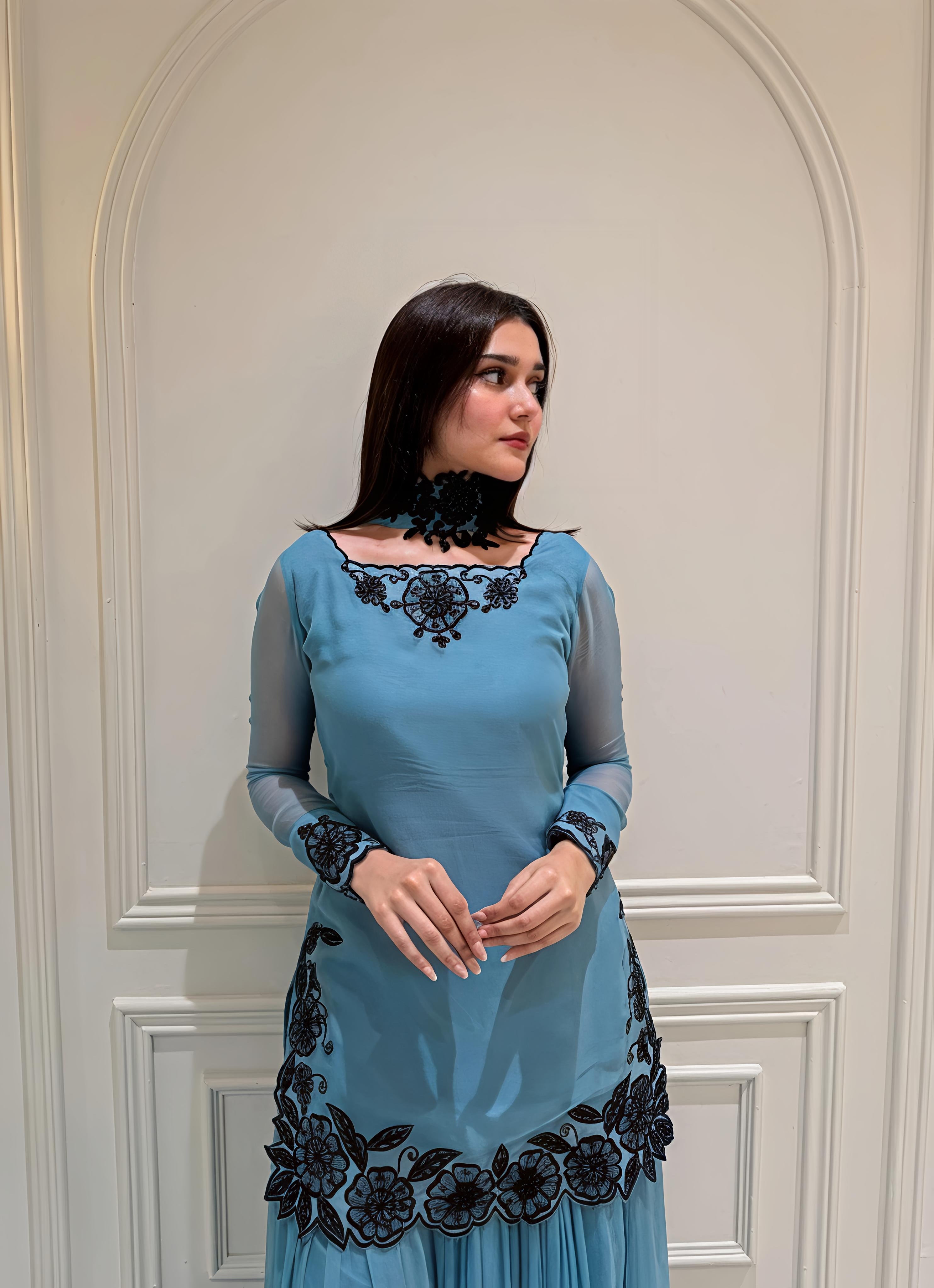 SOLID BLUE KURTA SHARARA SET