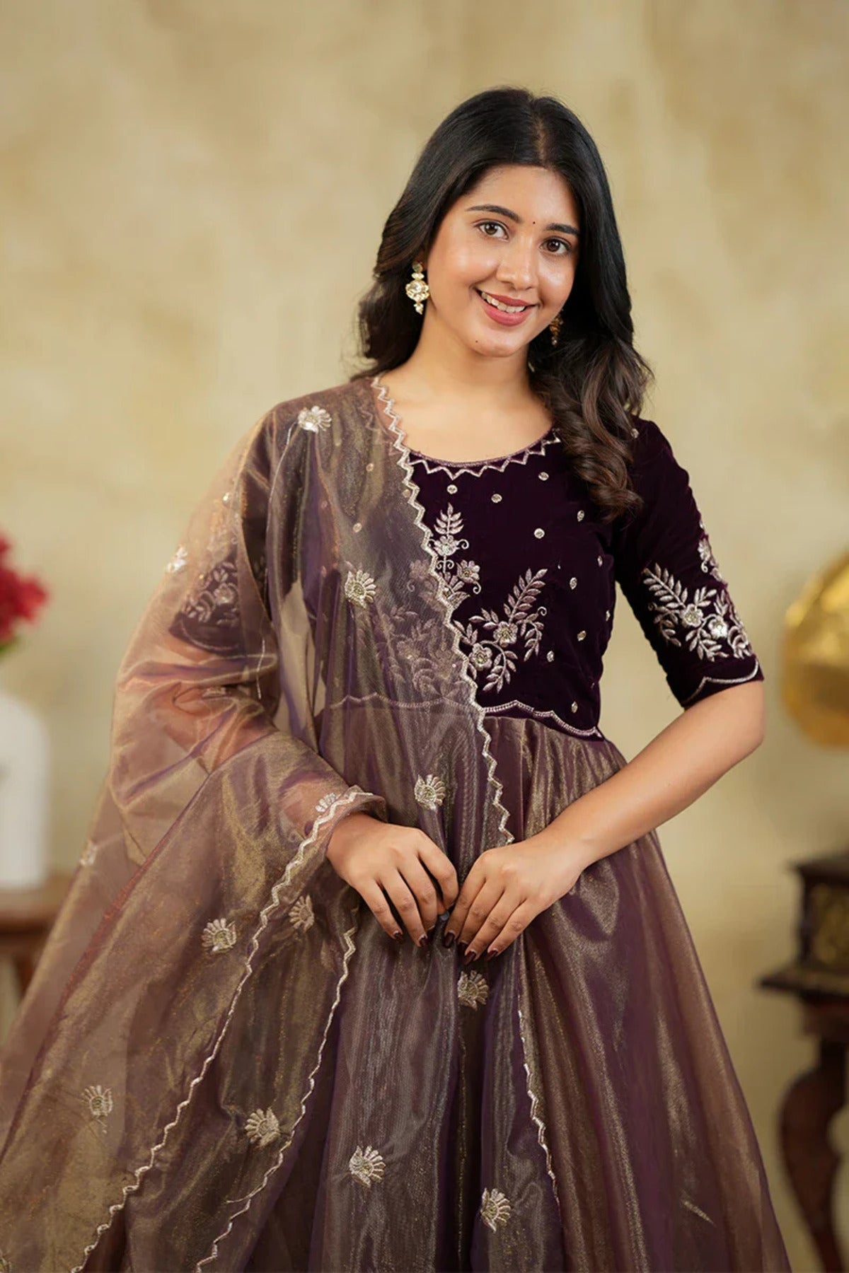 Embroidered Velvet Anarkali Gown with Dupatta