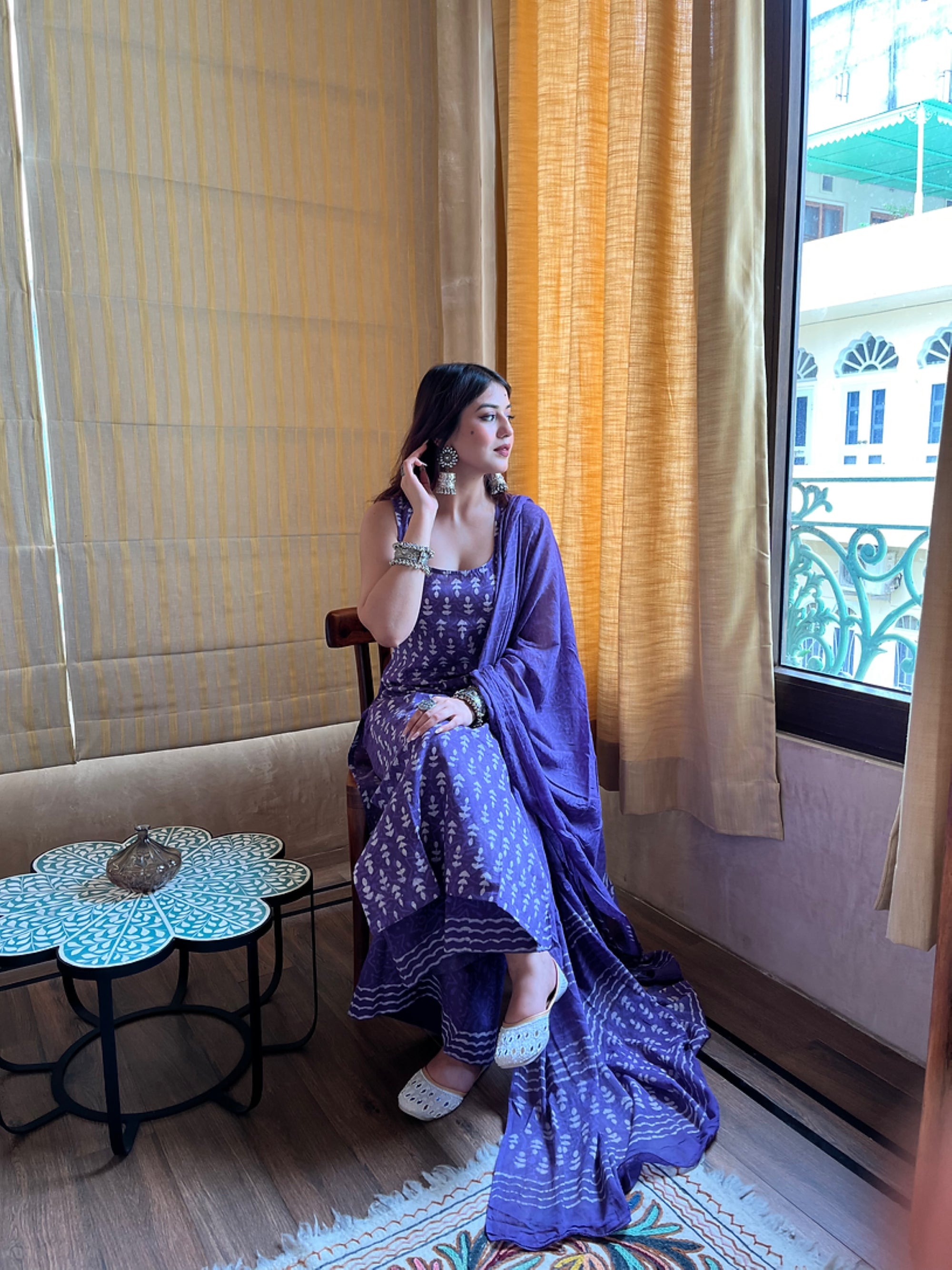 Women's Purple Block-Print Sleeveless Kurta Sharara Set with Dupatta.