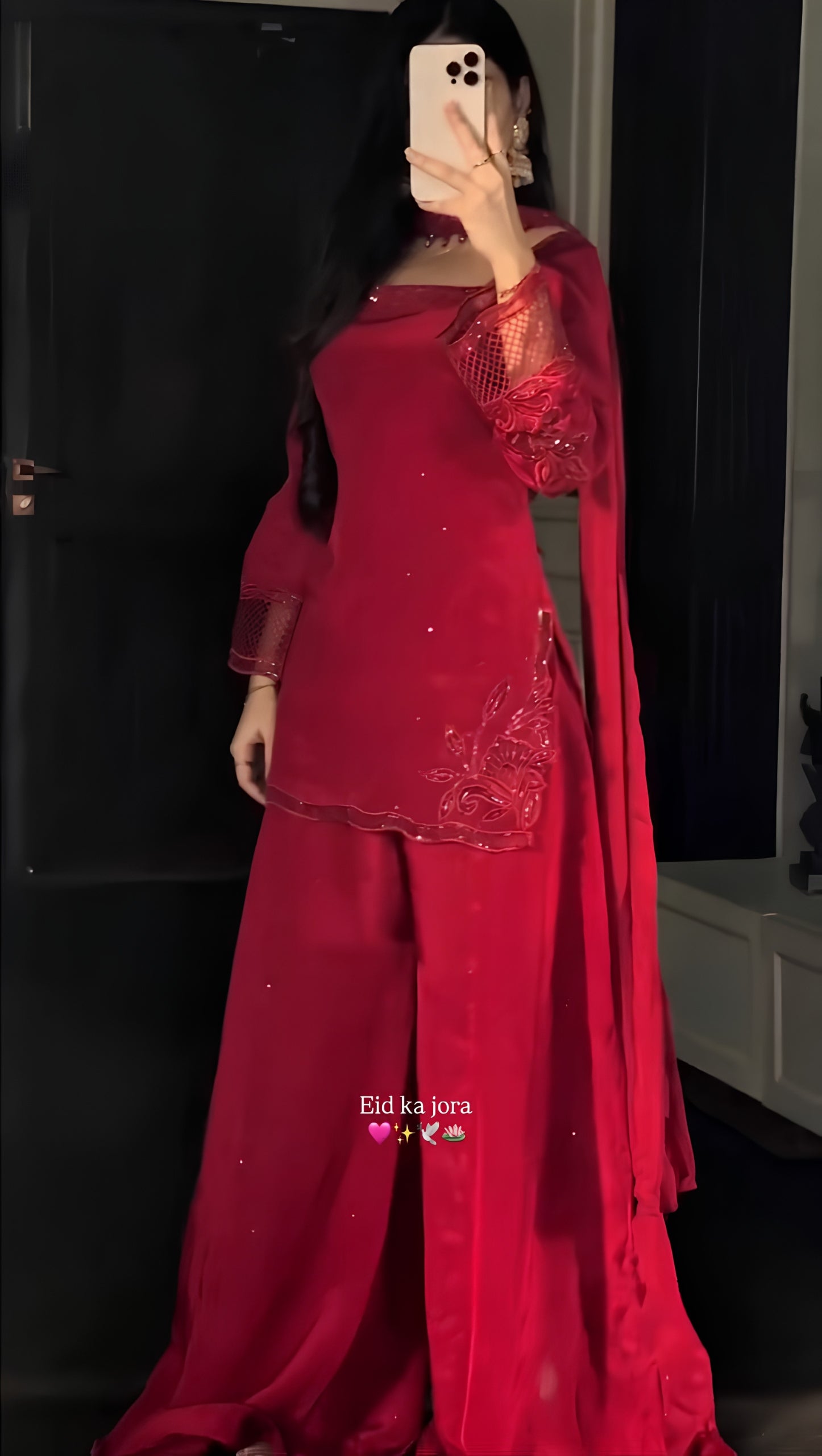 Red Embroidered Crepe Silk Farshi Suit
