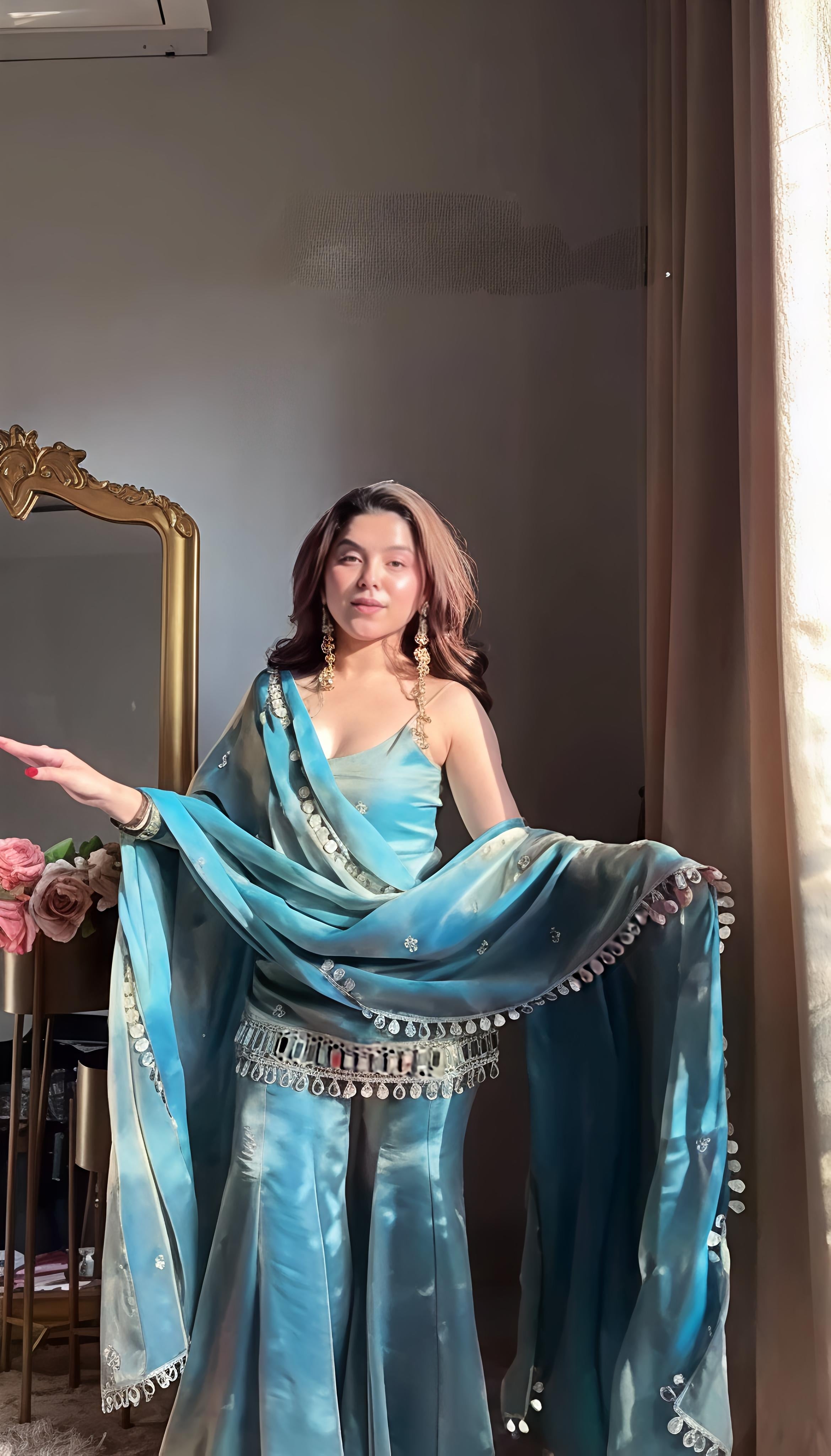Sea Green Simmer Silk Embroidery Palazo Kurti With Dupatta