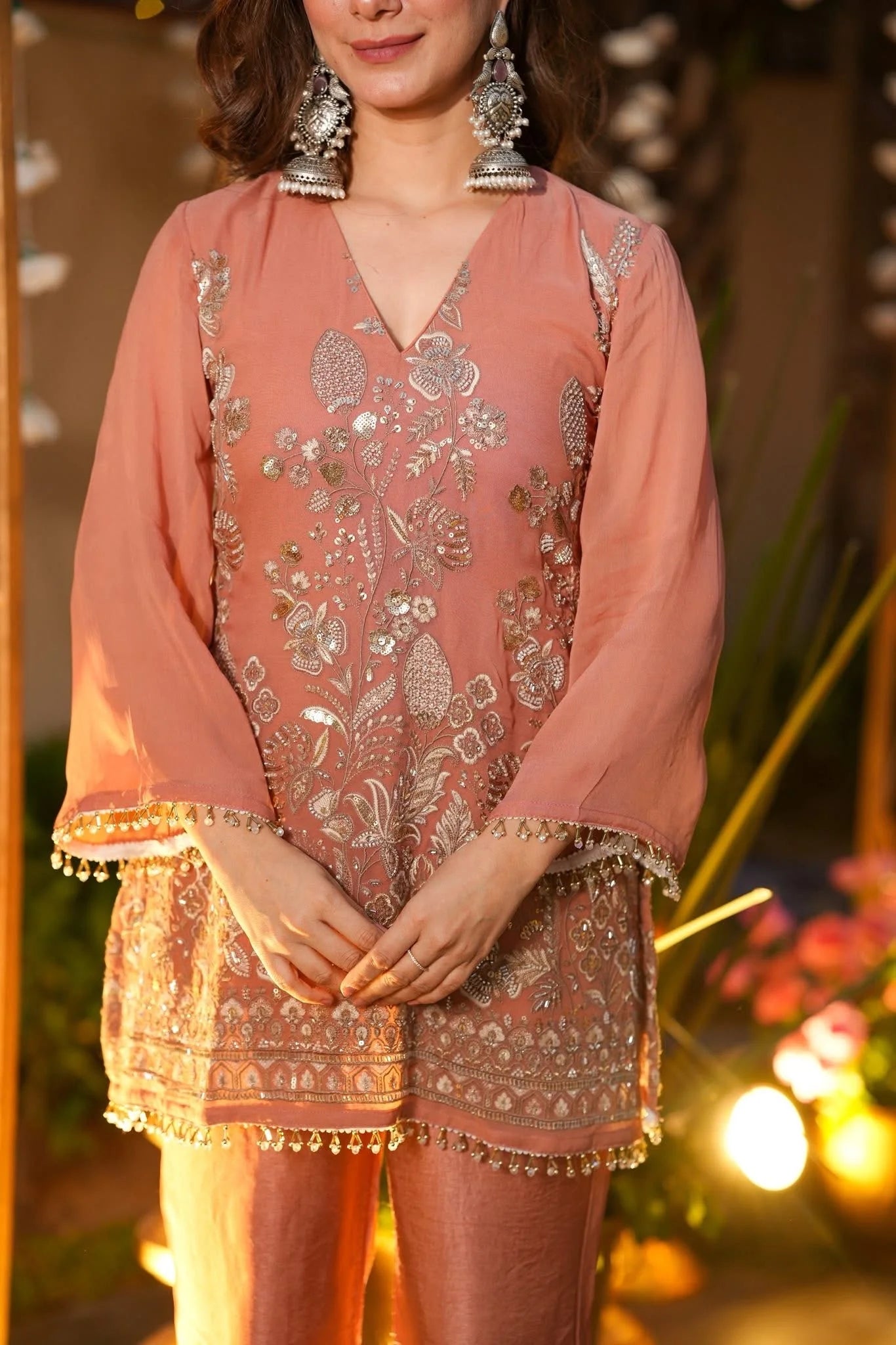 Crunchy Silk Embroidered Kurta Pant Set.