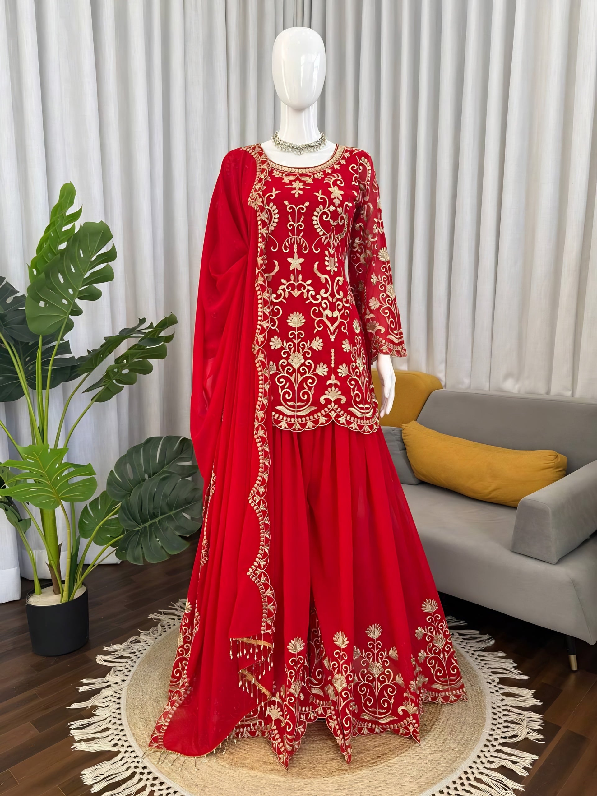 Red Heavy Embroidered Faux Georgette Sharara Suit Set