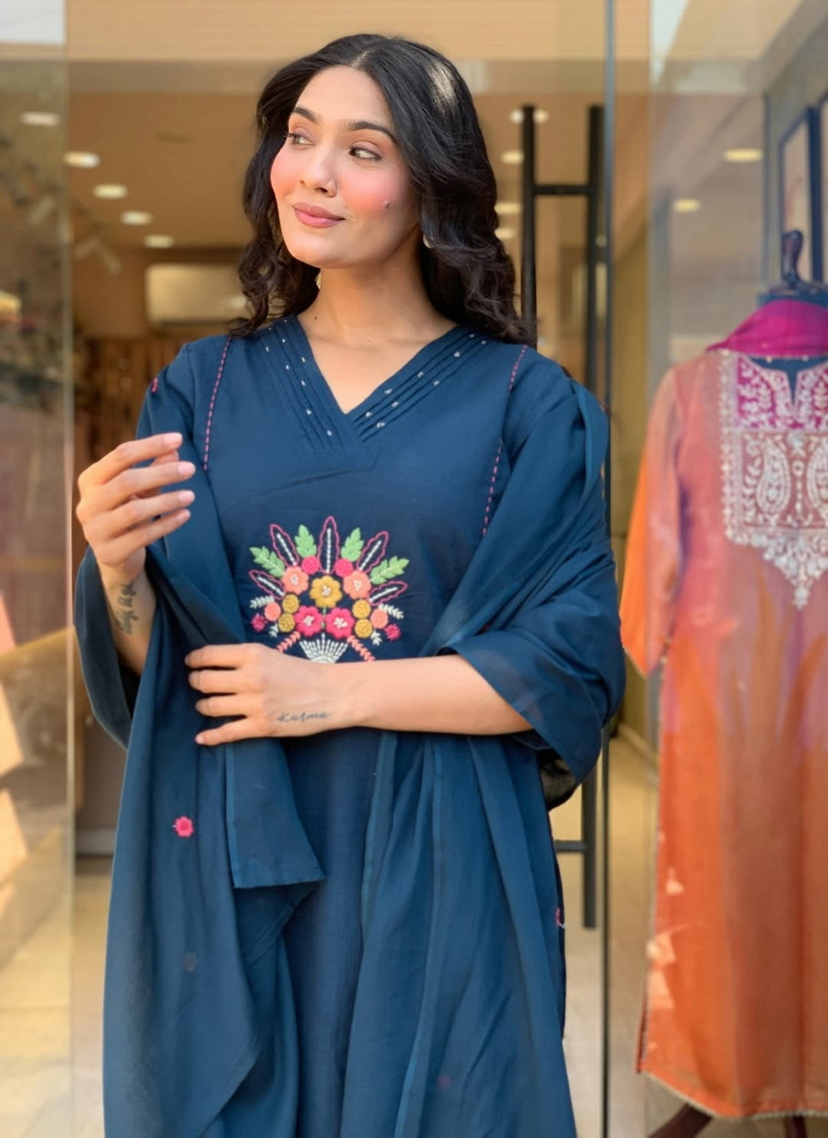 Blue Embroidered Cotton Flex Kurta and Pant Set with Dupatta
