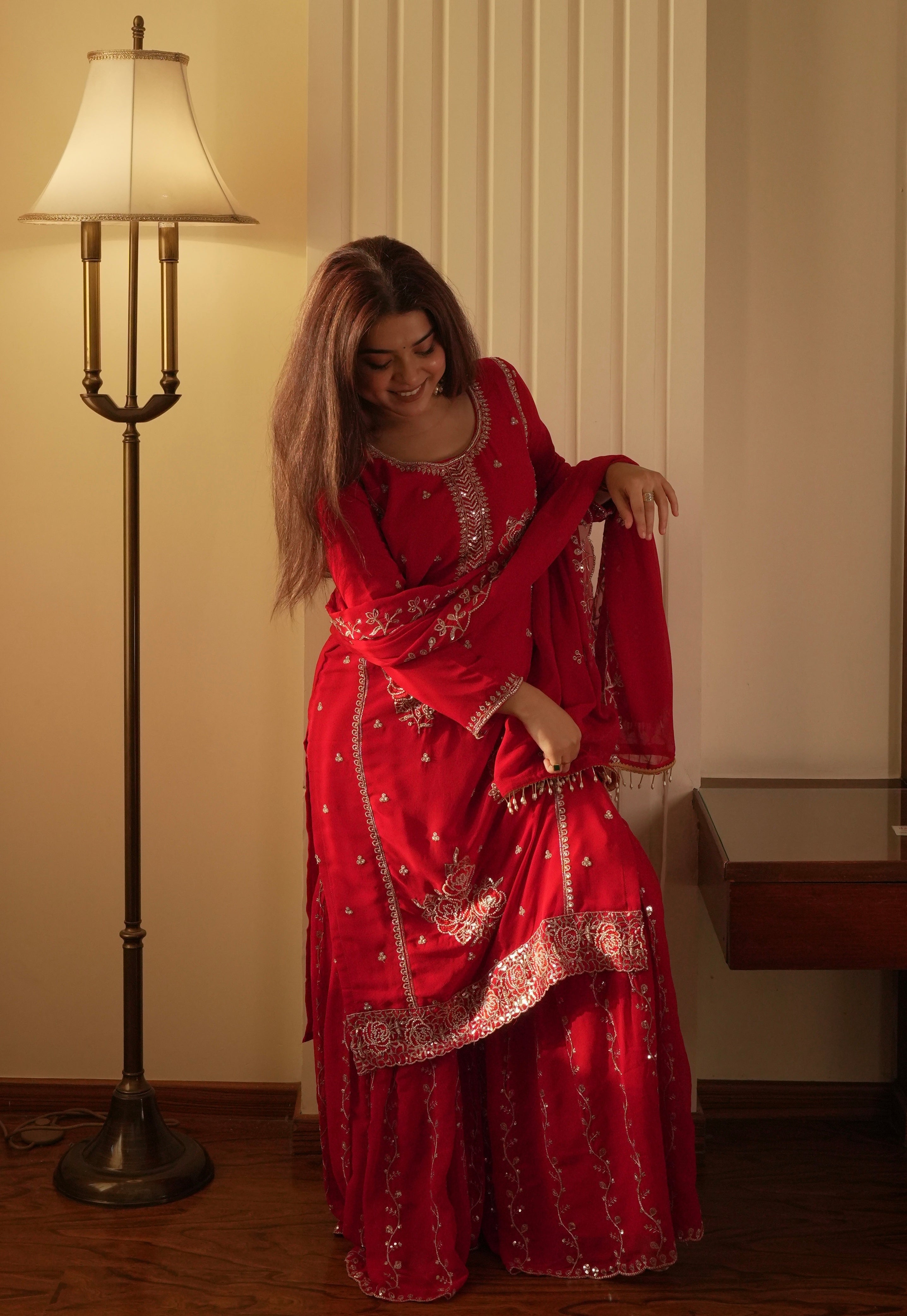 Traditional Red Hand-Embroidered Silk Sharara Suit