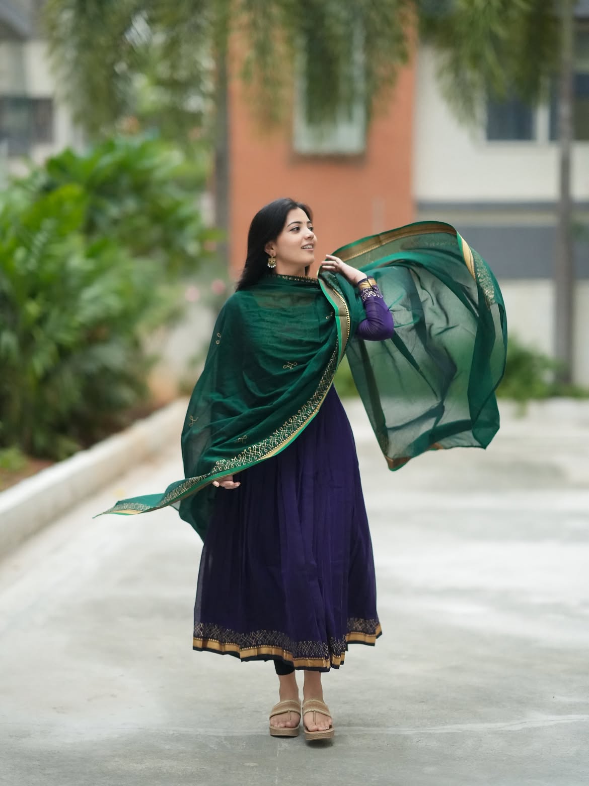 Deep Blue Emerald Green Flared Anarkali Suit Set