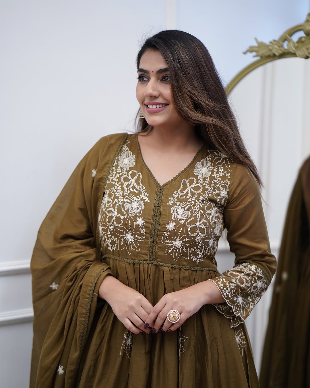 Olive Green Cotton Silk Floral Embroidered Anarkali Gown Set