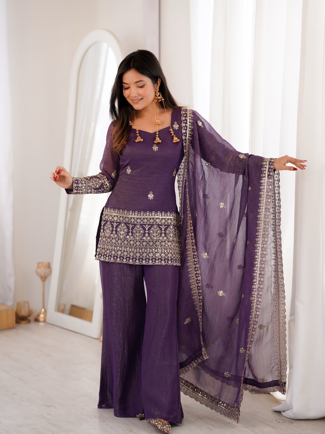 Purple Crunchy Silk Embroidered Kurta Palazzo Set