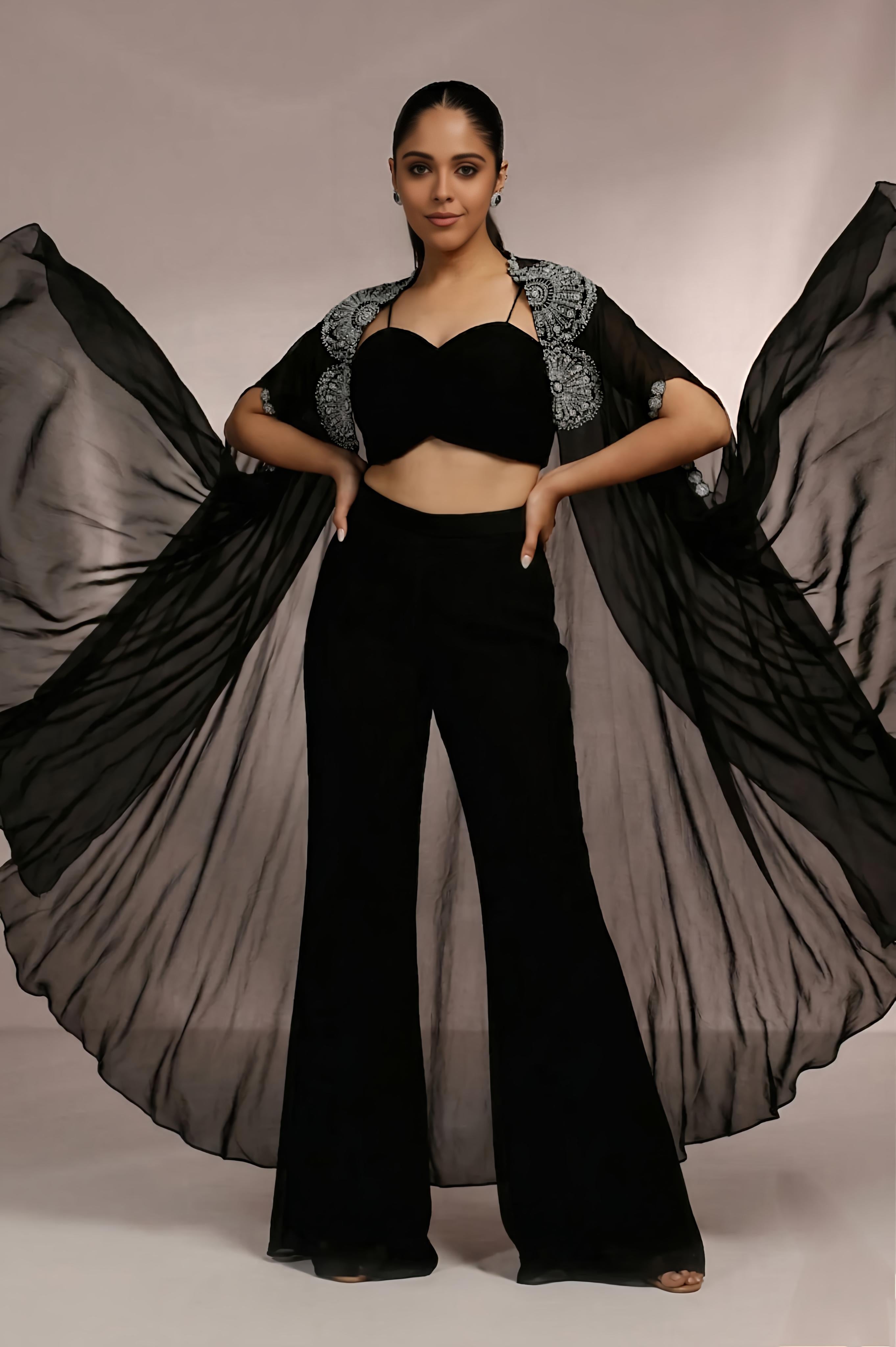 RUCHING BLOUSE WITH SIDE SLIGHT PANT AND CAPE SET