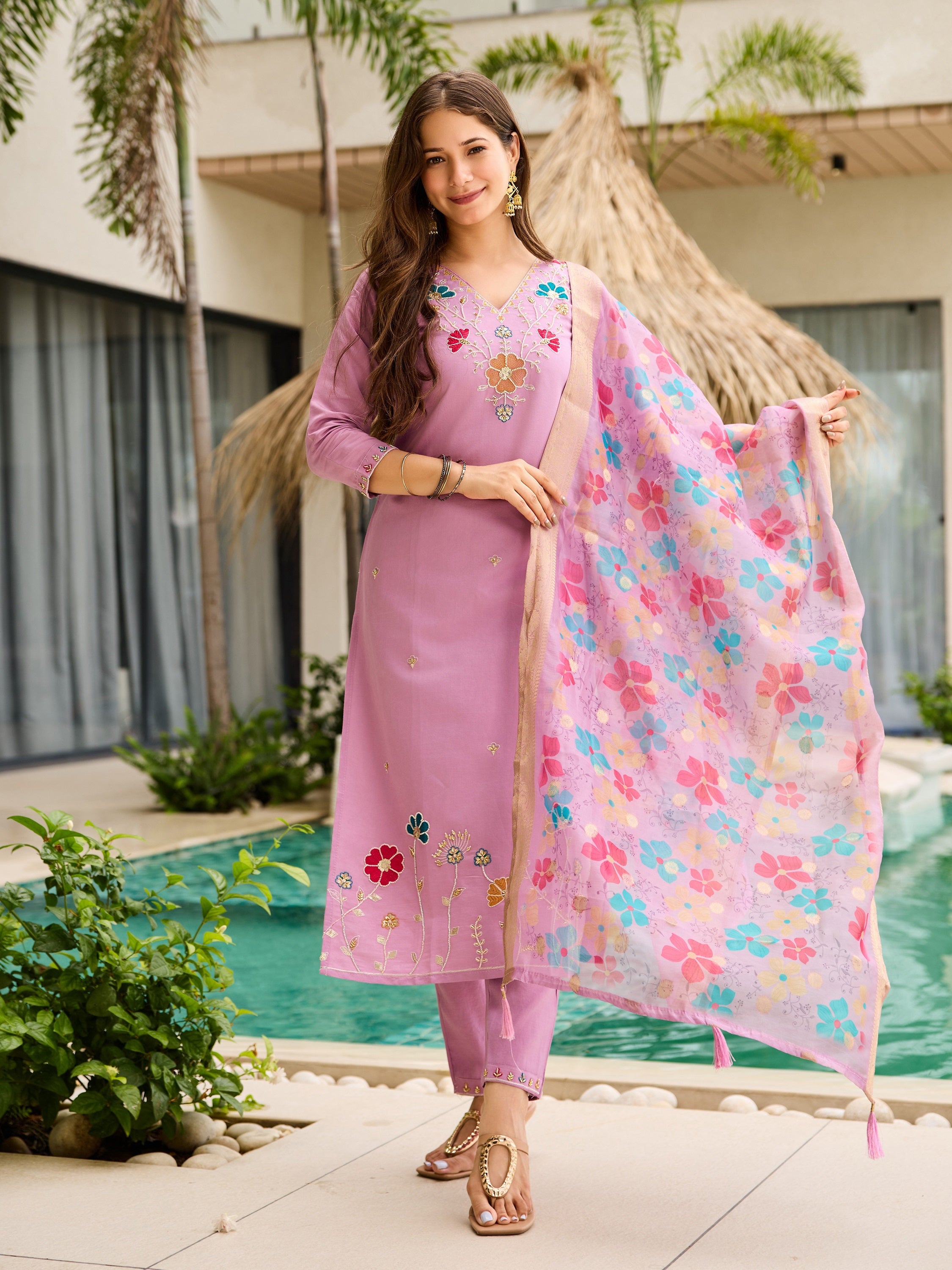 Light Purple Silk Blend Embroidery Kurta Suit Set
