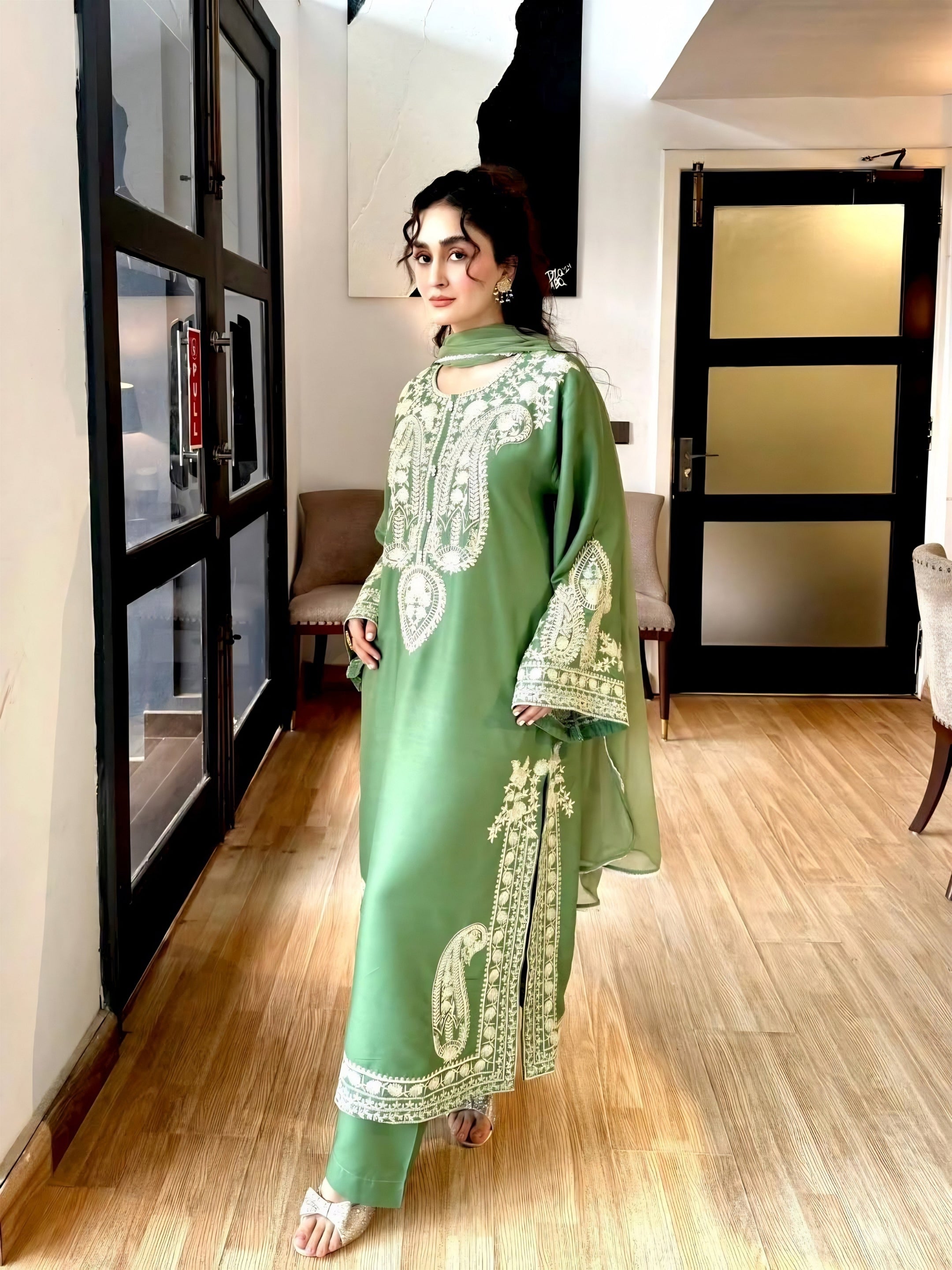 Sage Green Embroidered Suit Set