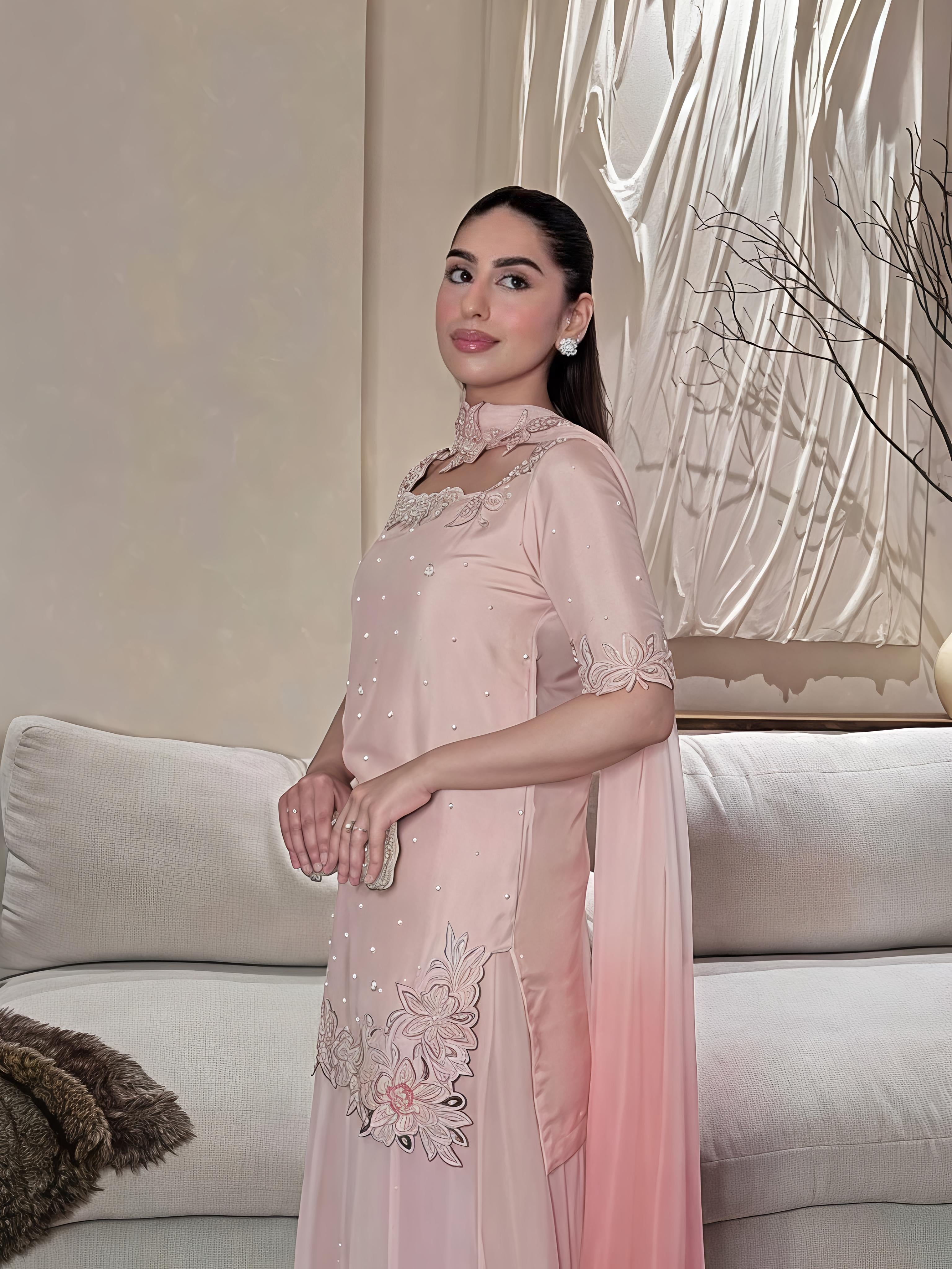Embroidered Pink Roman Glass Silk Kurti Palazzo Set