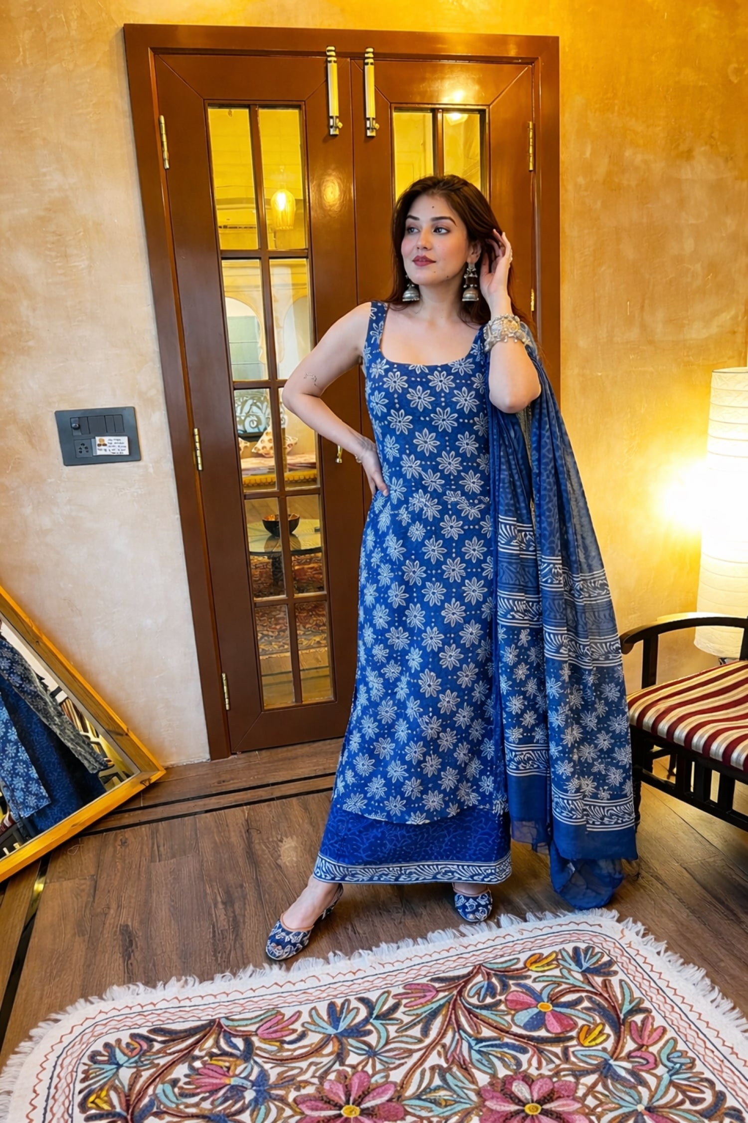 Women's Indigo Blue Floral Block-Print Sleeveless Kurta Palazzo Set with Dupatta