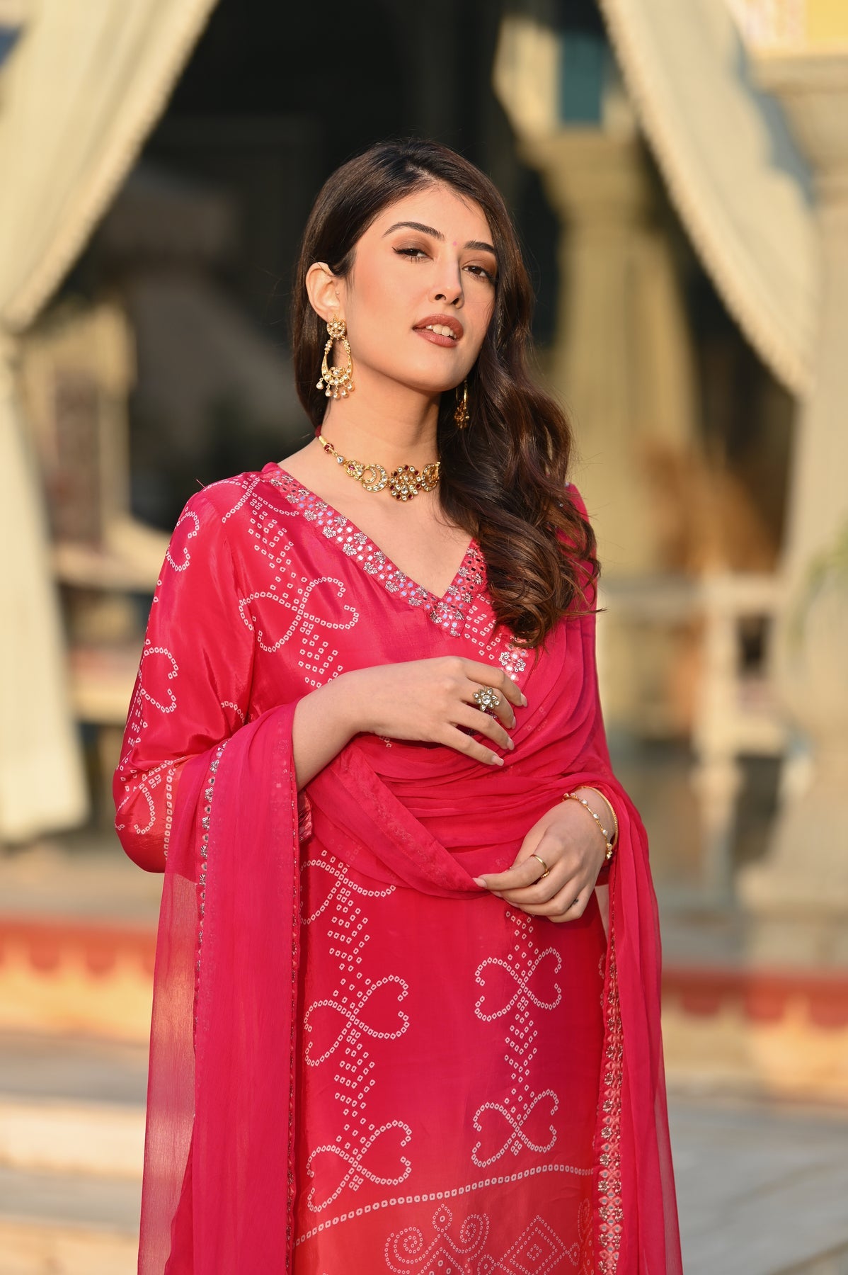 Pink Printed Chinon Bandhani Suit Set