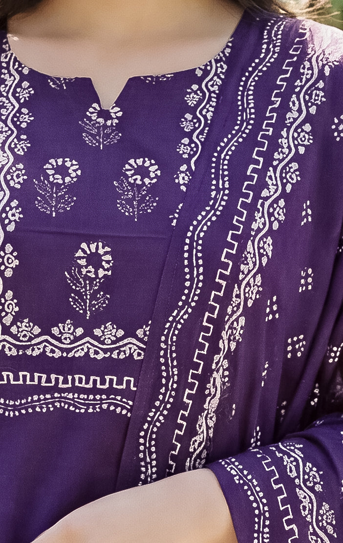Purple Muslin Kurta Set with Traditional Print