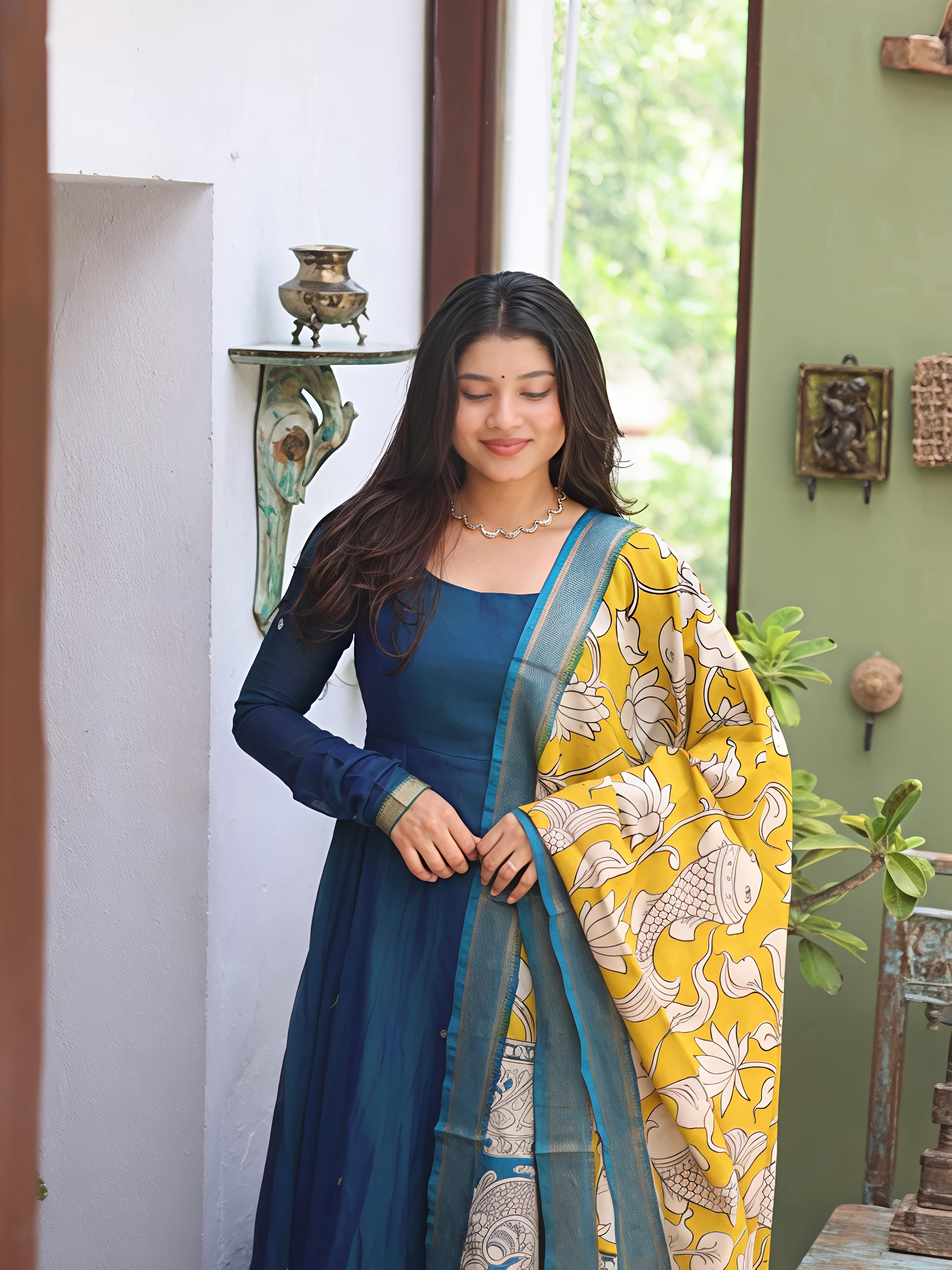 Narayanpet Anarkali Peacock Blue Kalamkari