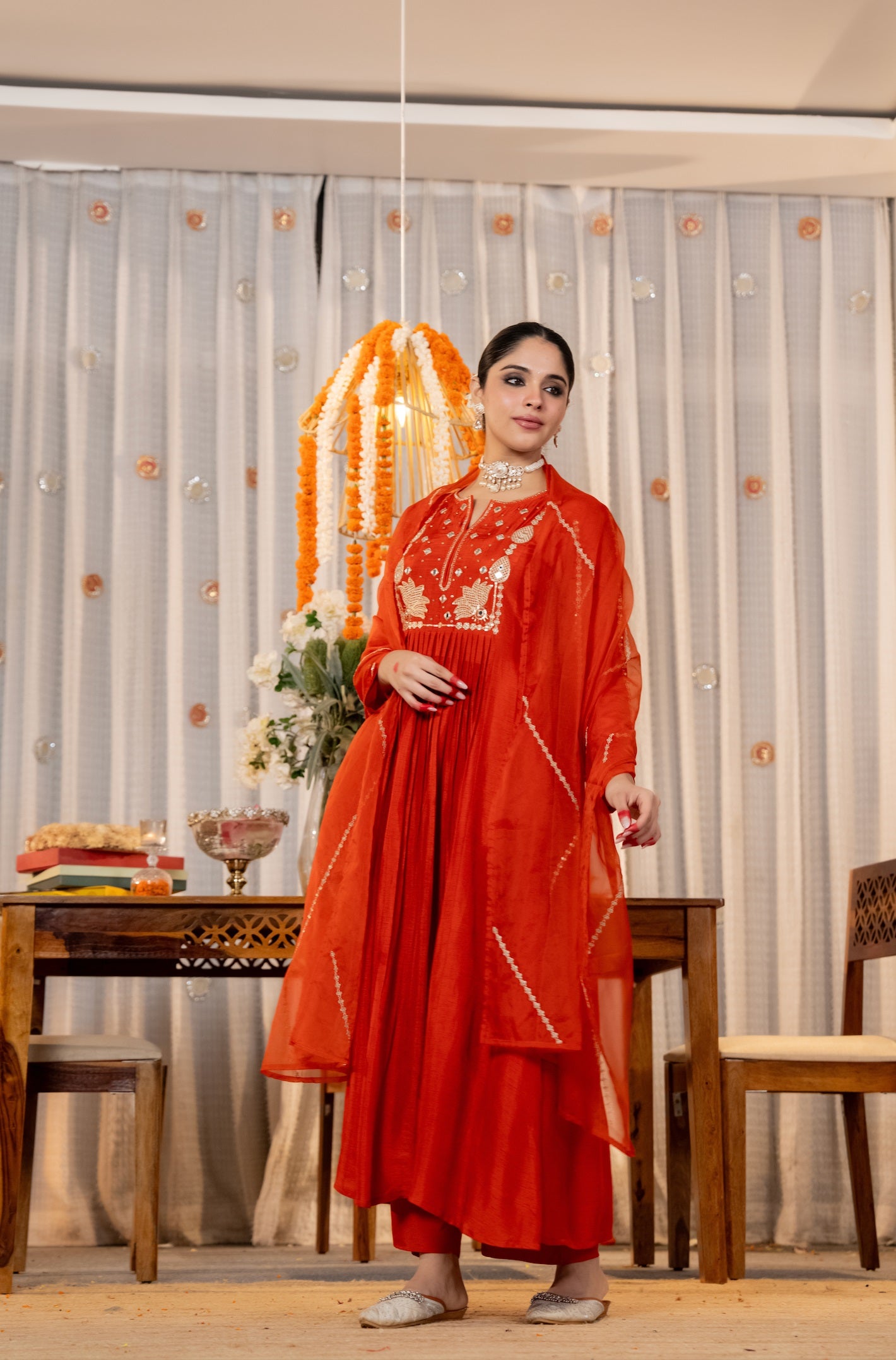 Tomato Red Gathering Anarkali Kurta Pant Suit Set with Dupatta