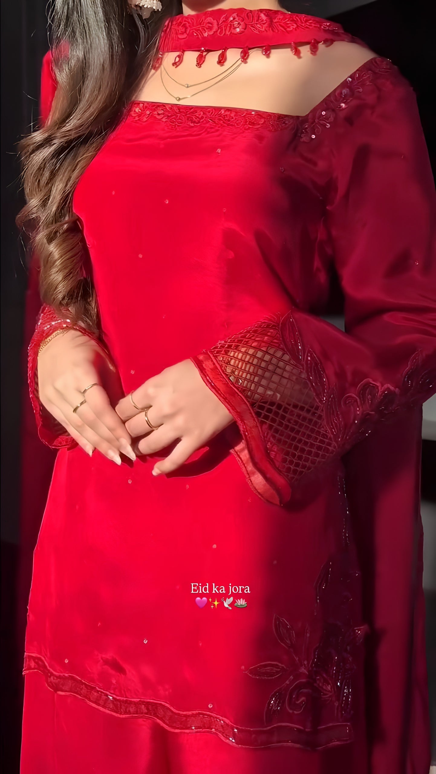 Red Embroidered Crepe Silk Farshi Suit