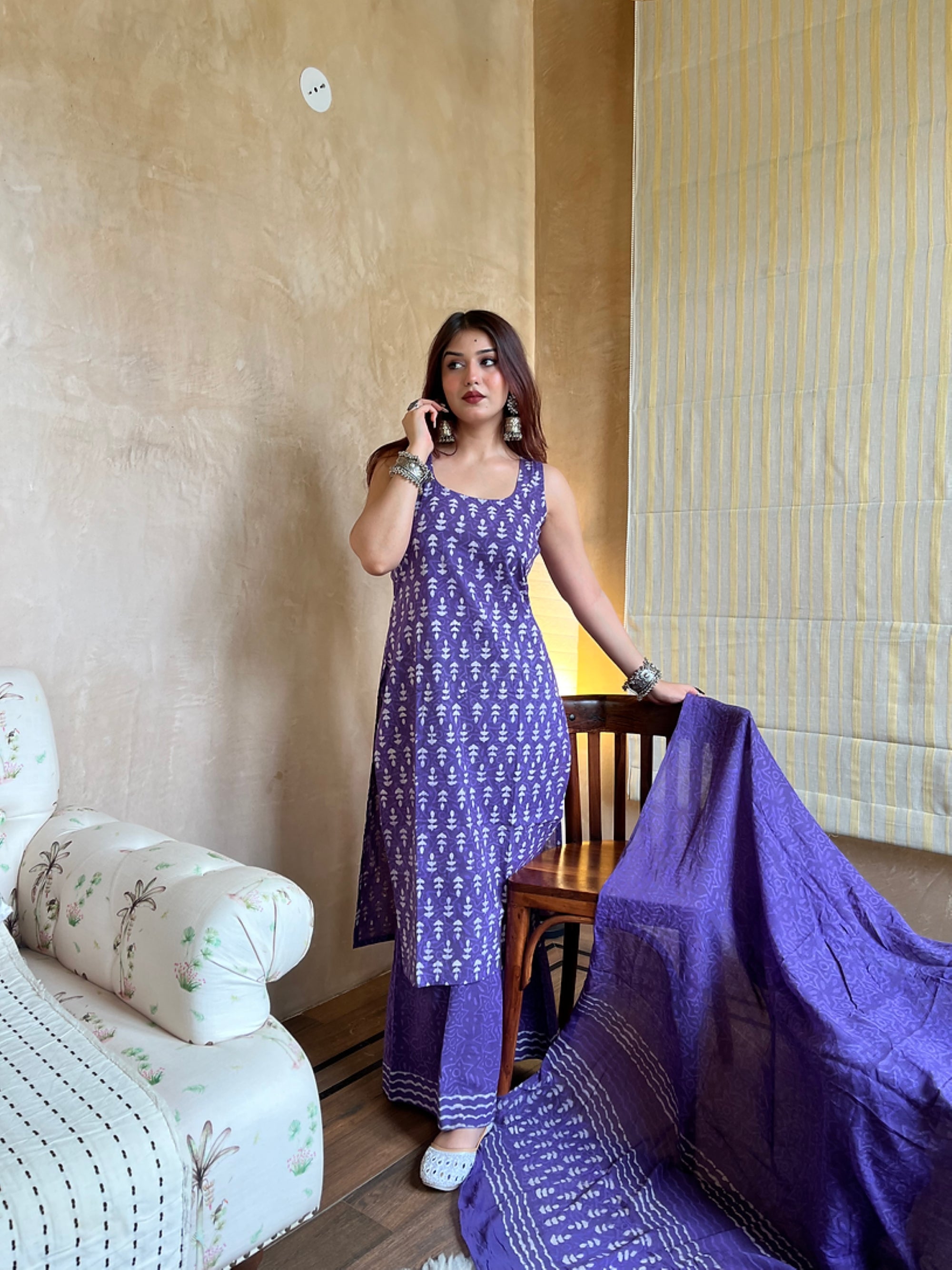 Women's Purple Block-Print Sleeveless Kurta Sharara Set with Dupatta.