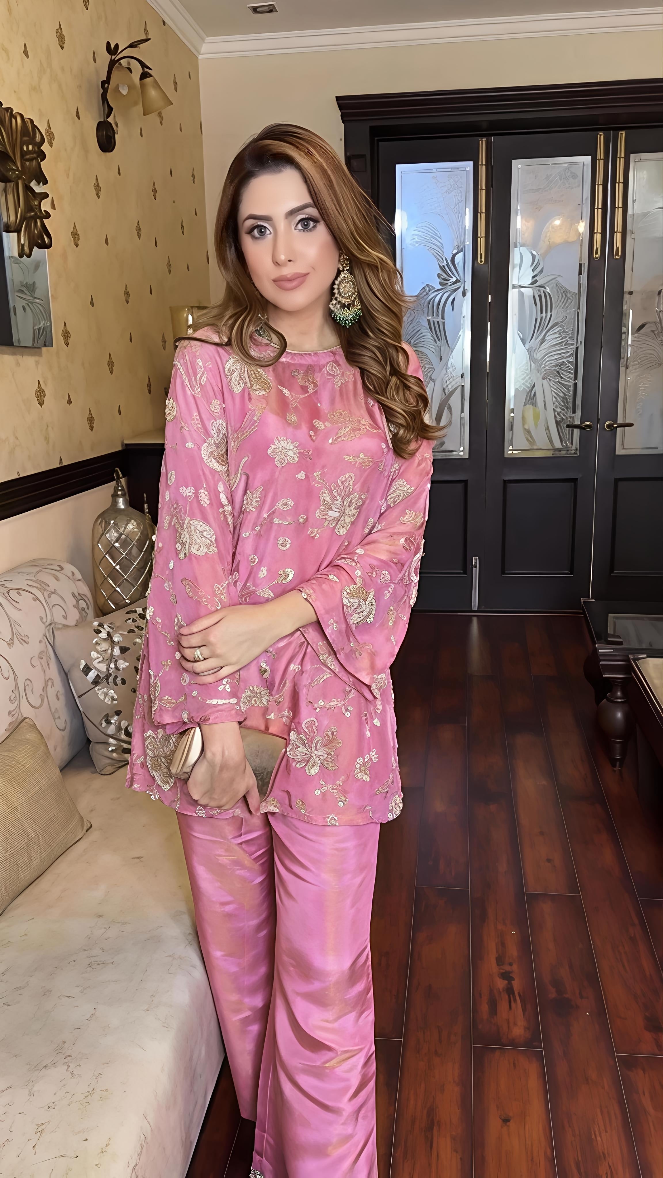 Rose Pink Viscose Tissue Beadwork Co-ord Set