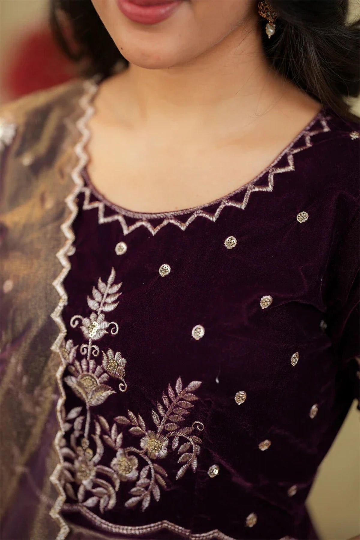 Embroidered Velvet Anarkali Gown with Dupatta