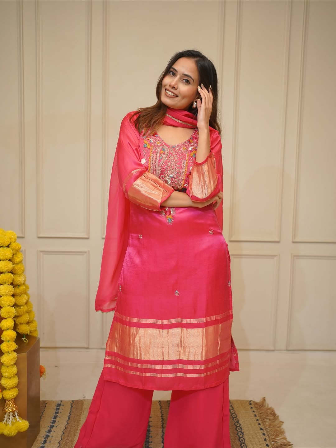 Zaierra Pink Embroidered Viscose Kurta Set with Pant and Dupatta
