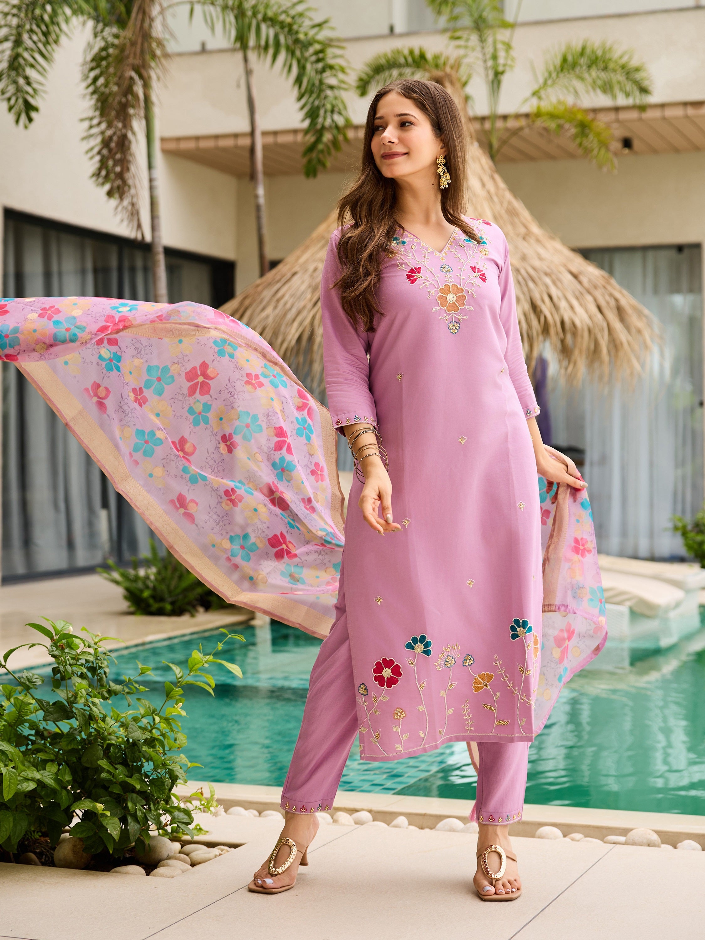 Light Purple Silk Blend Embroidery Kurta Suit Set