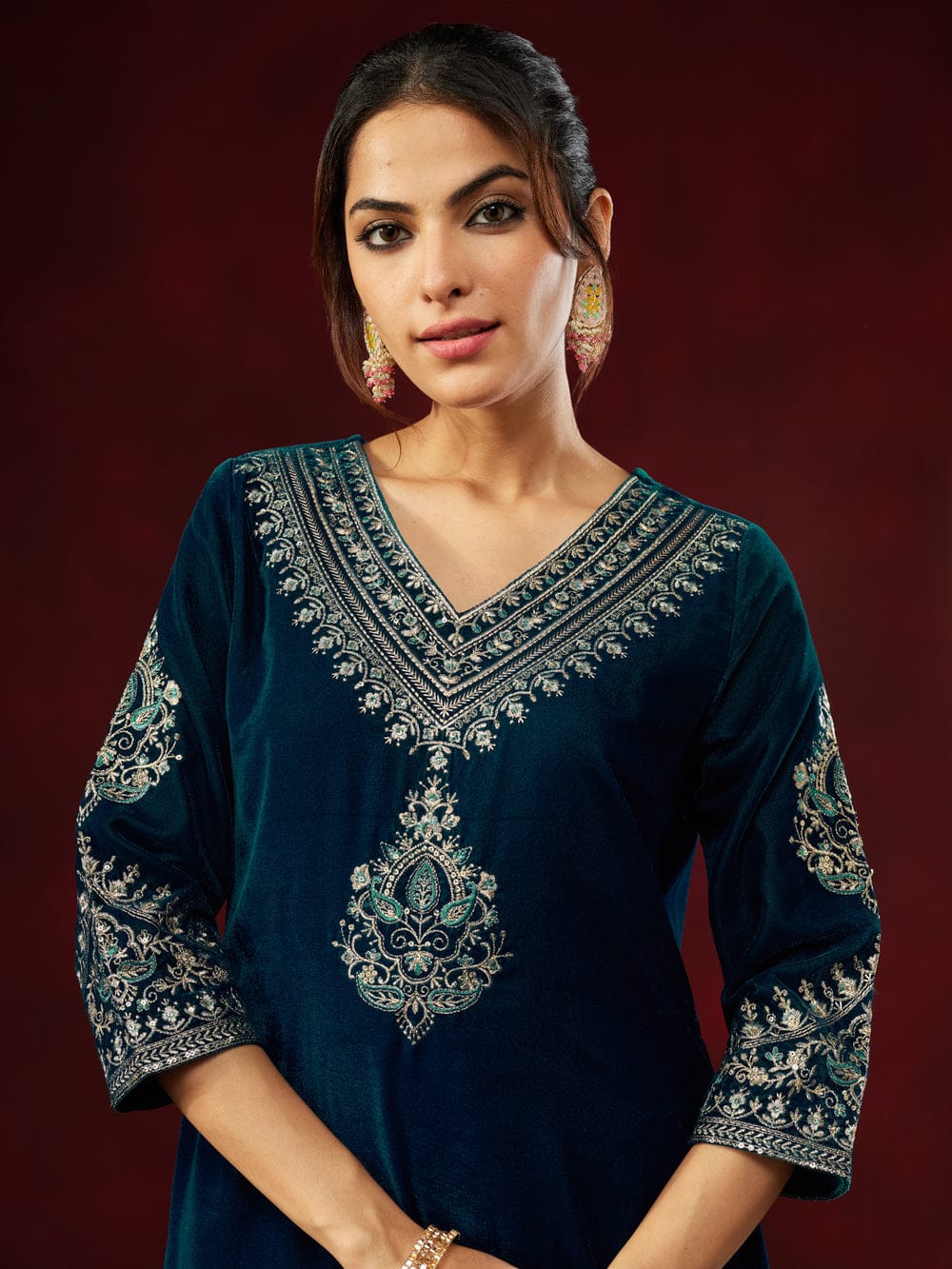 Teal Blue Velvet Zari Embroidered Straight Kurta Set