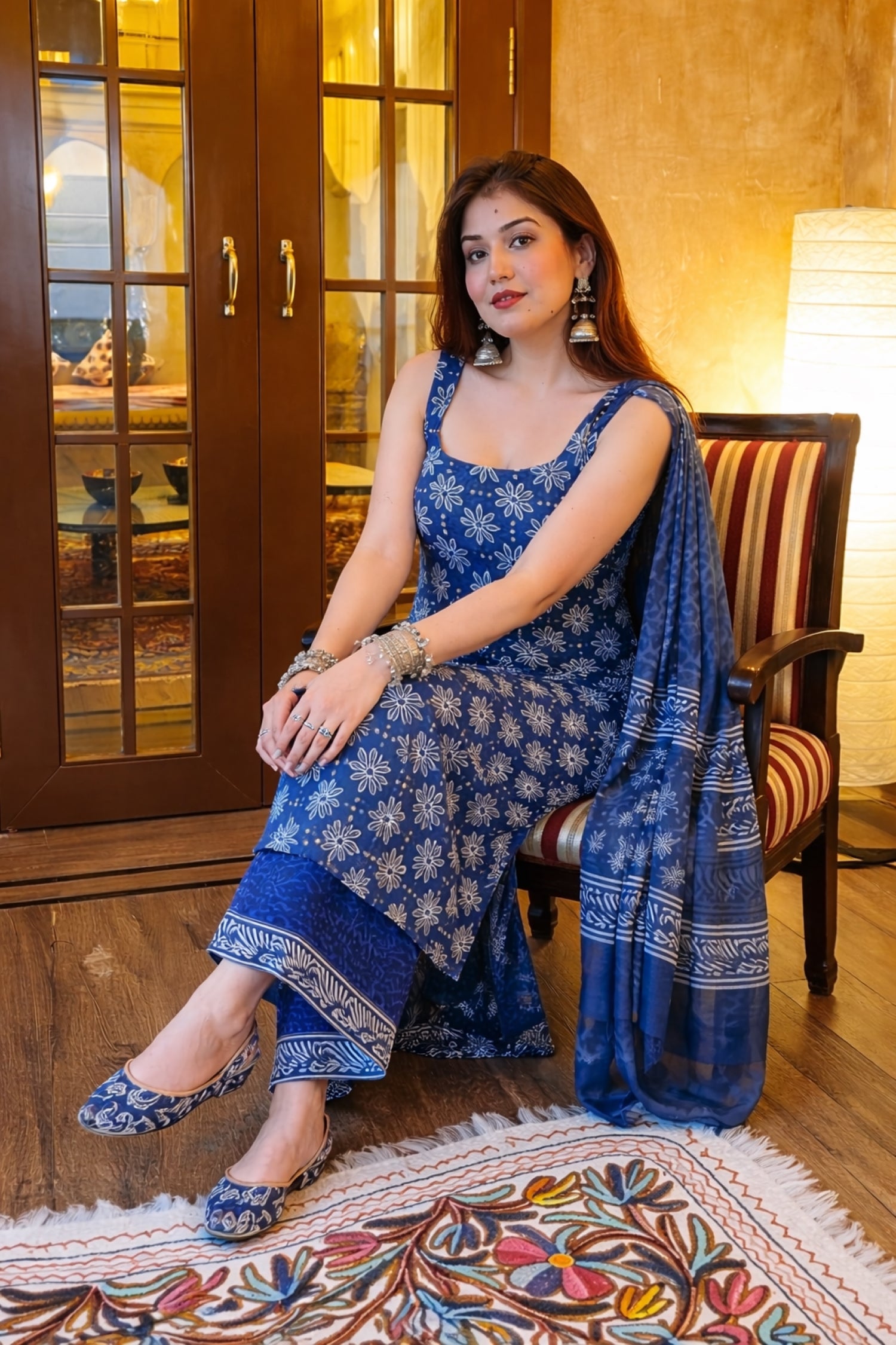 Women's Indigo Blue Floral Block-Print Sleeveless Kurta Palazzo Set with Dupatta