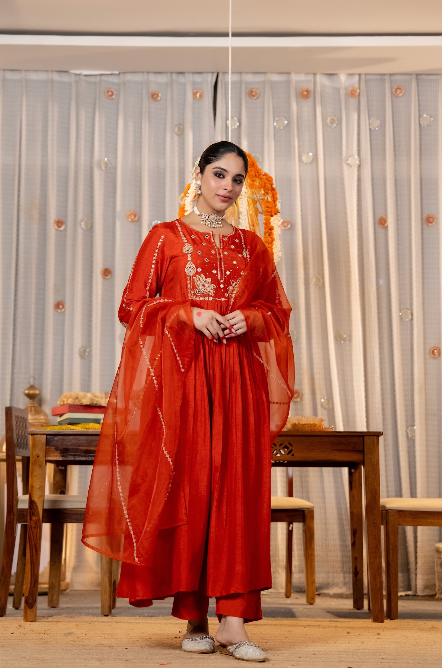 Tomato Red Gathering Anarkali Kurta Pant Suit Set with Dupatta